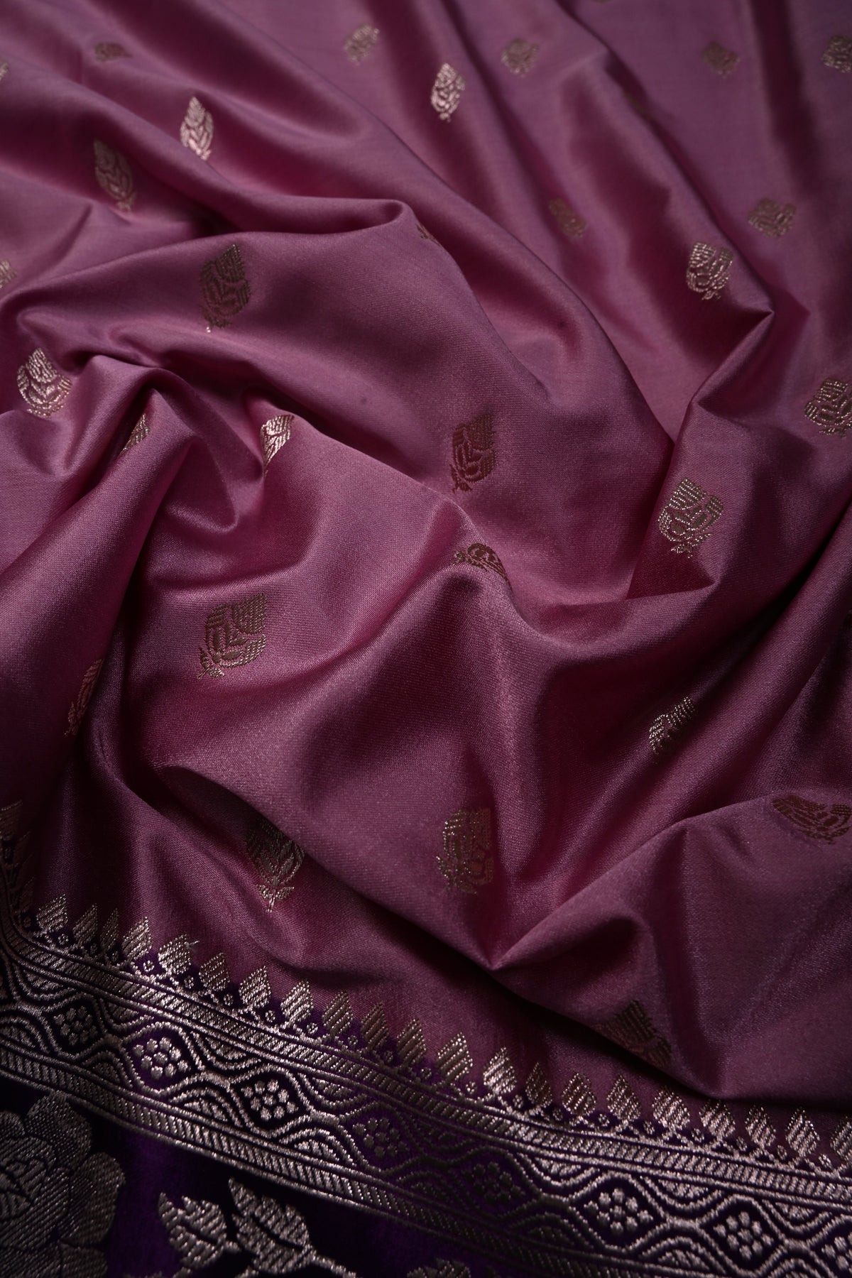 Mauve Banarasi Semi Mashru Silk Saree with Gold Zari Buttas and Contrast Zari Border | SHOBITAM
