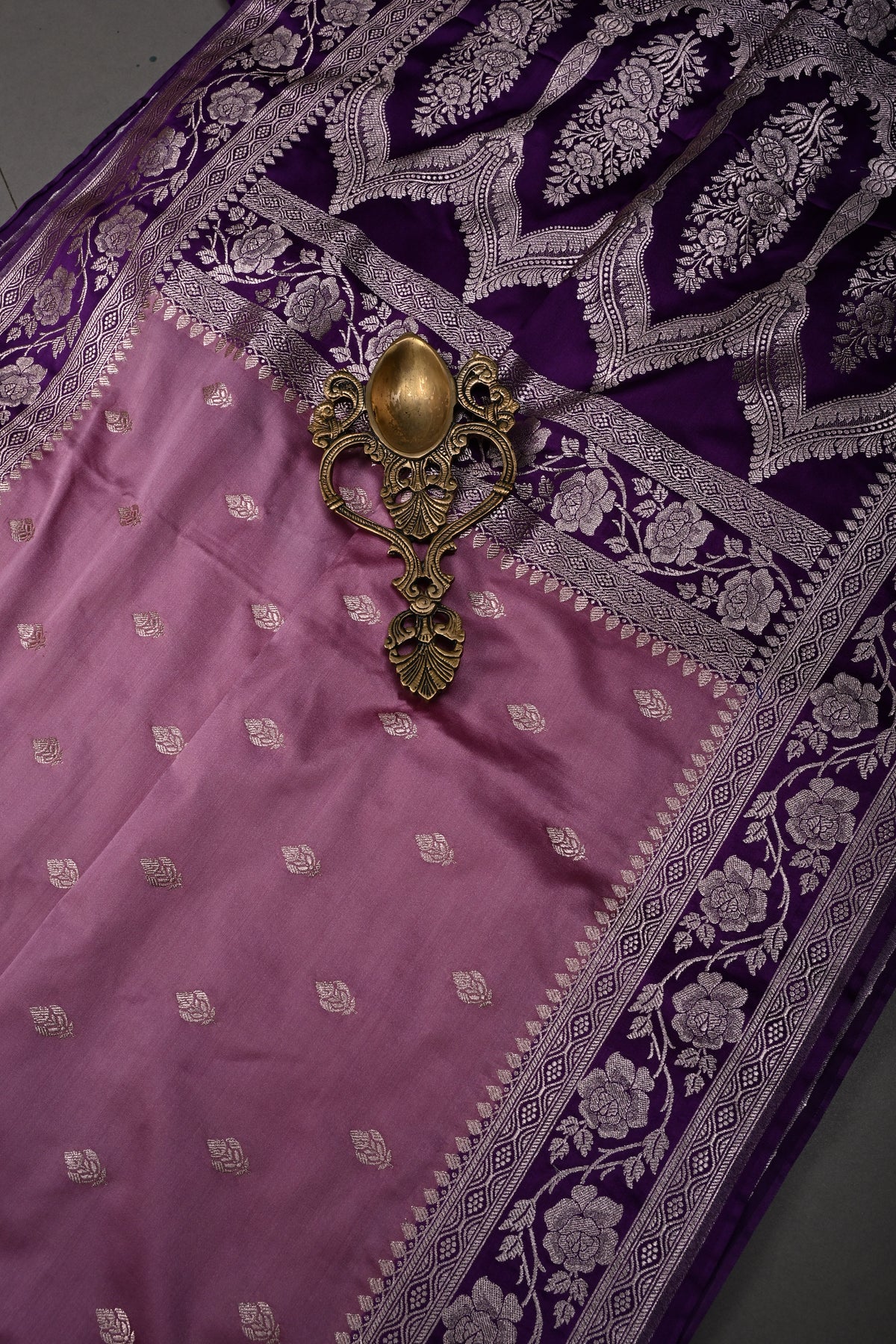 Mauve Banarasi Semi Mashru Silk Saree with Gold Zari Buttas and Contrast Zari Border | SHOBITAM