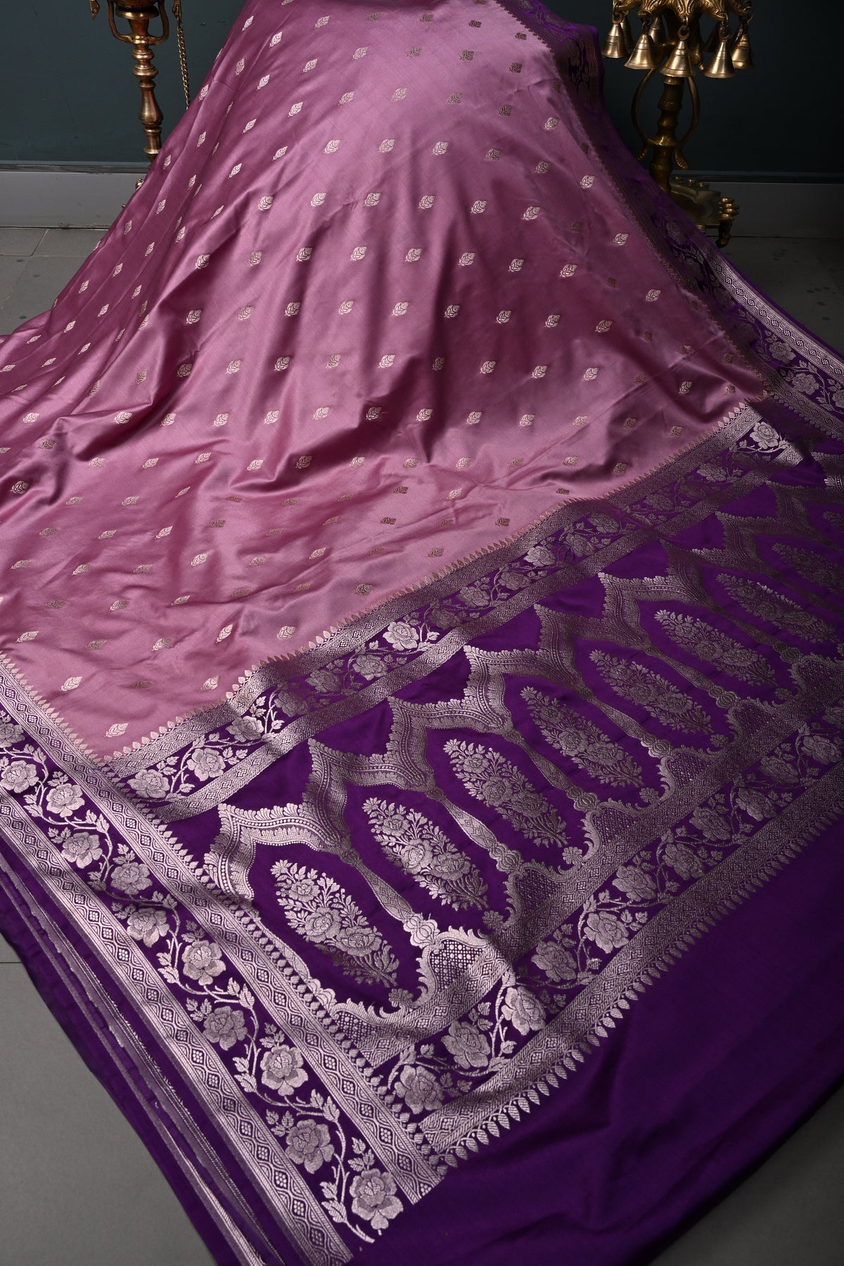 Mauve Banarasi Semi Mashru Silk Saree with Gold Zari Buttas and Contrast Zari Border | SHOBITAM