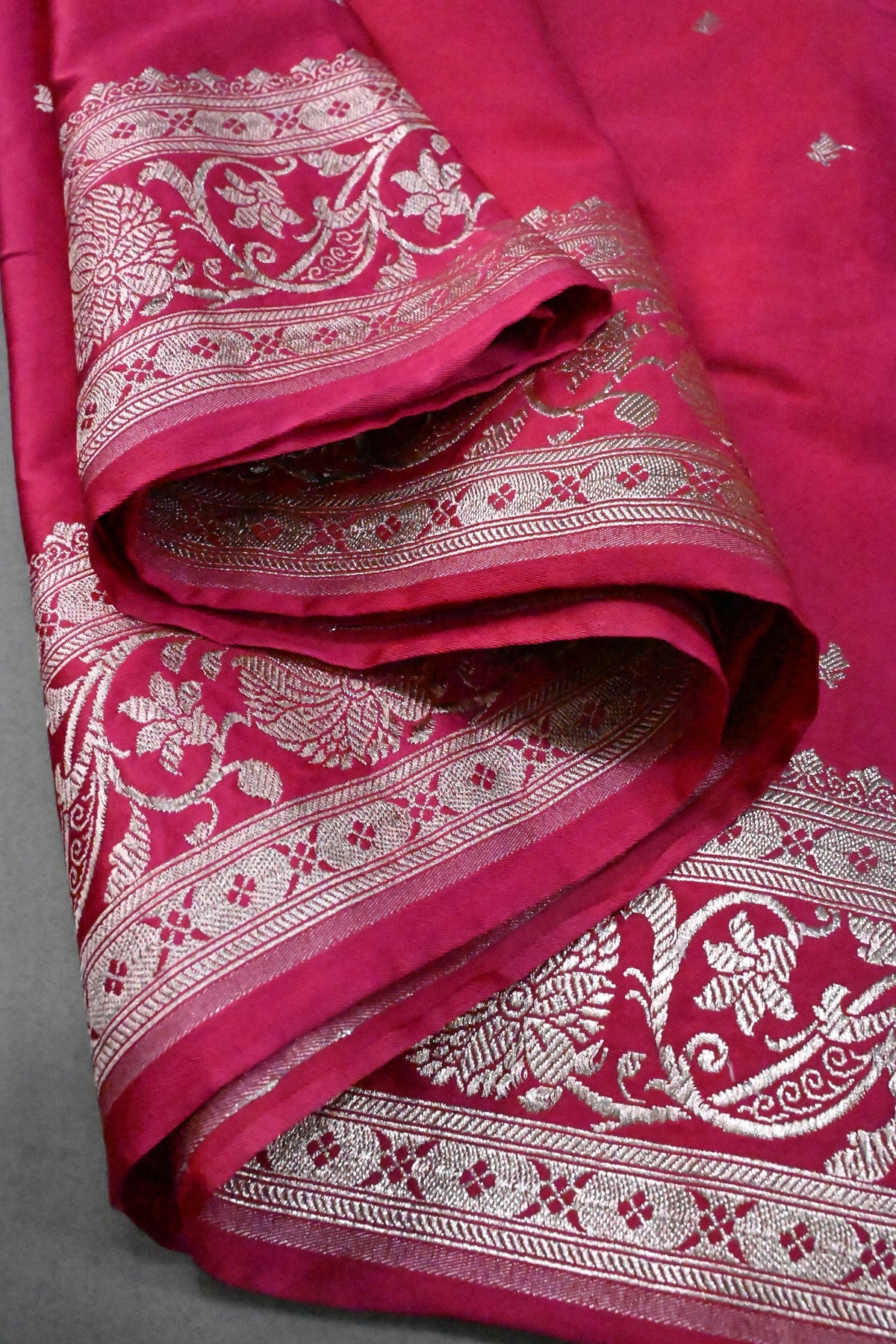 Rani Pink Banarasi Semi Mashru Silk Saree with Floral Zari Buttis and Zari Border | SHOBITAM