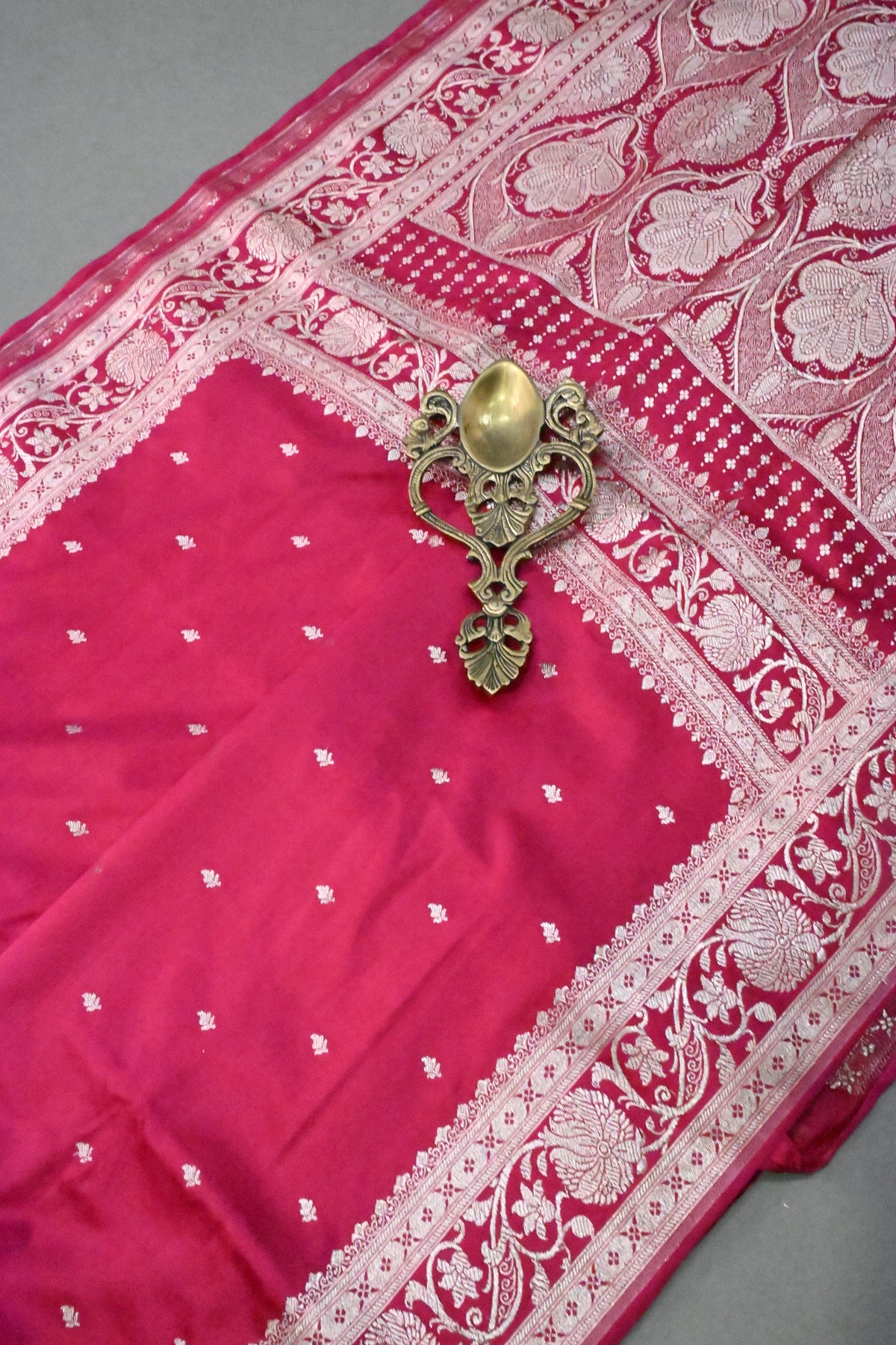 Rani Pink Banarasi Semi Mashru Silk Saree with Floral Zari Buttis and Zari Border | SHOBITAM