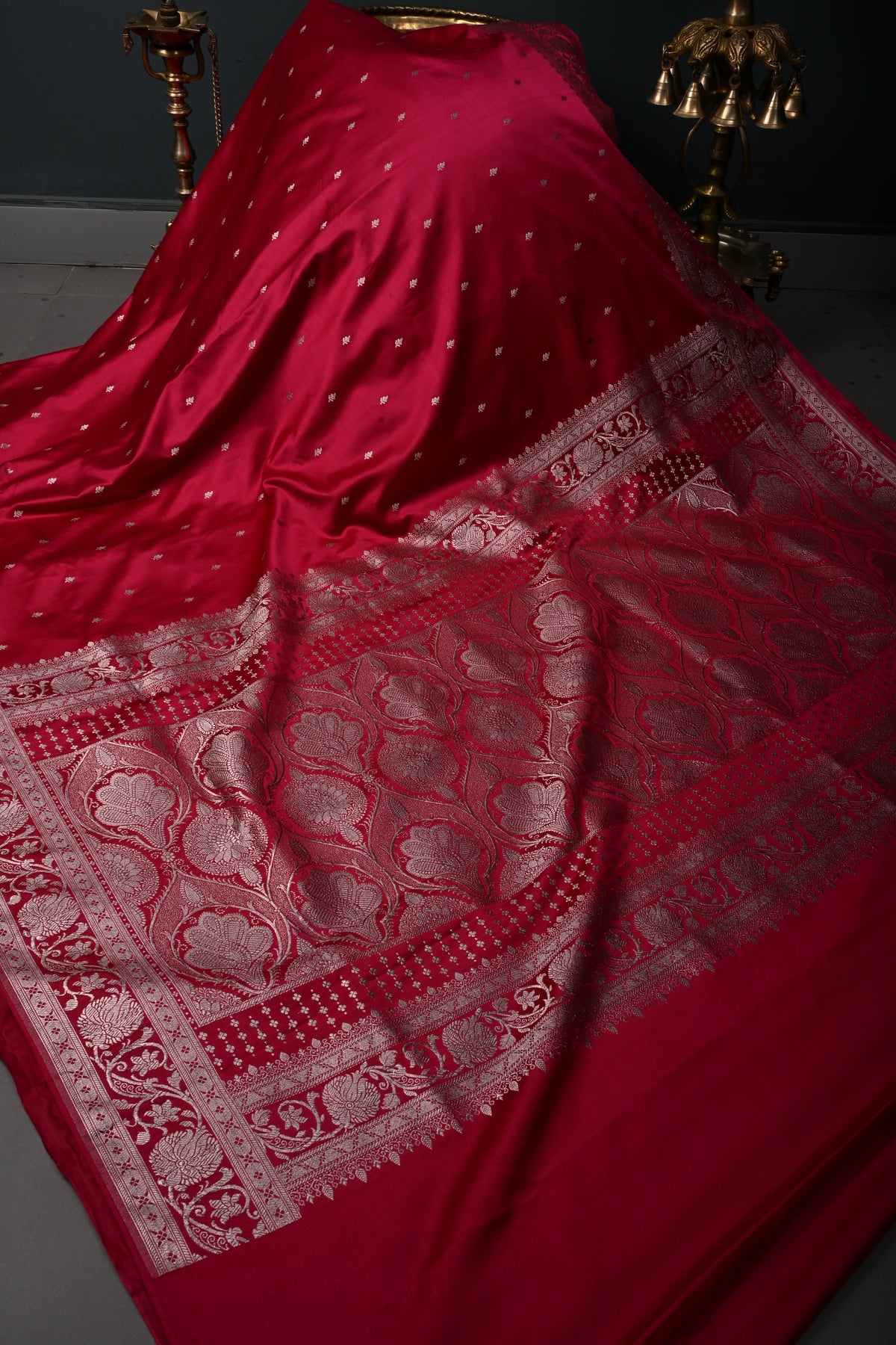 Rani Pink Banarasi Semi Mashru Silk Saree with Floral Zari Buttis and Zari Border | SHOBITAM