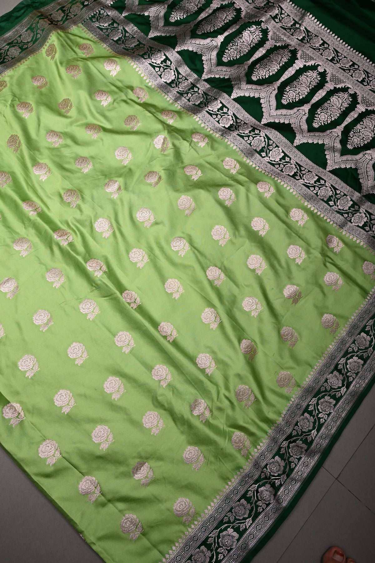 Green Banarasi Semi Mashru Silk Saree with Gold Floral  Buttas and Contrast Zari Border | SHOBITAM