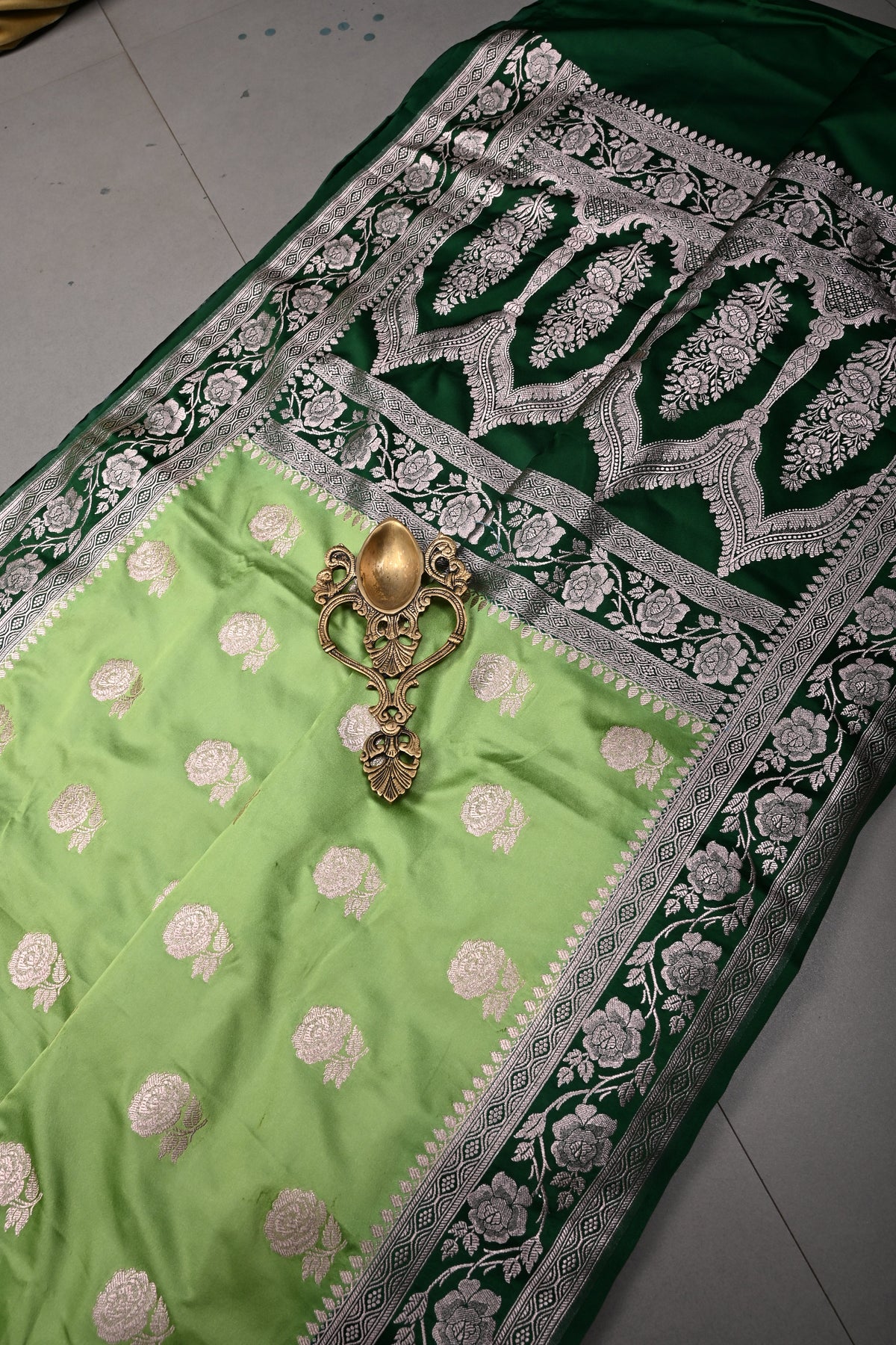 Green Banarasi Semi Mashru Silk Saree with Gold Floral  Buttas and Contrast Zari Border | SHOBITAM