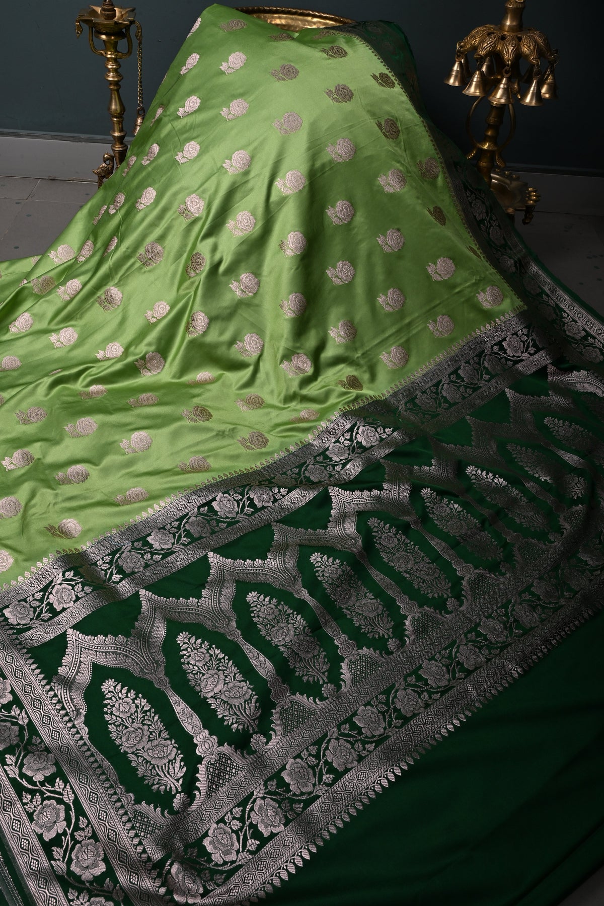 Green Banarasi Semi Mashru Silk Saree with Gold Floral  Buttas and Contrast Zari Border | SHOBITAM