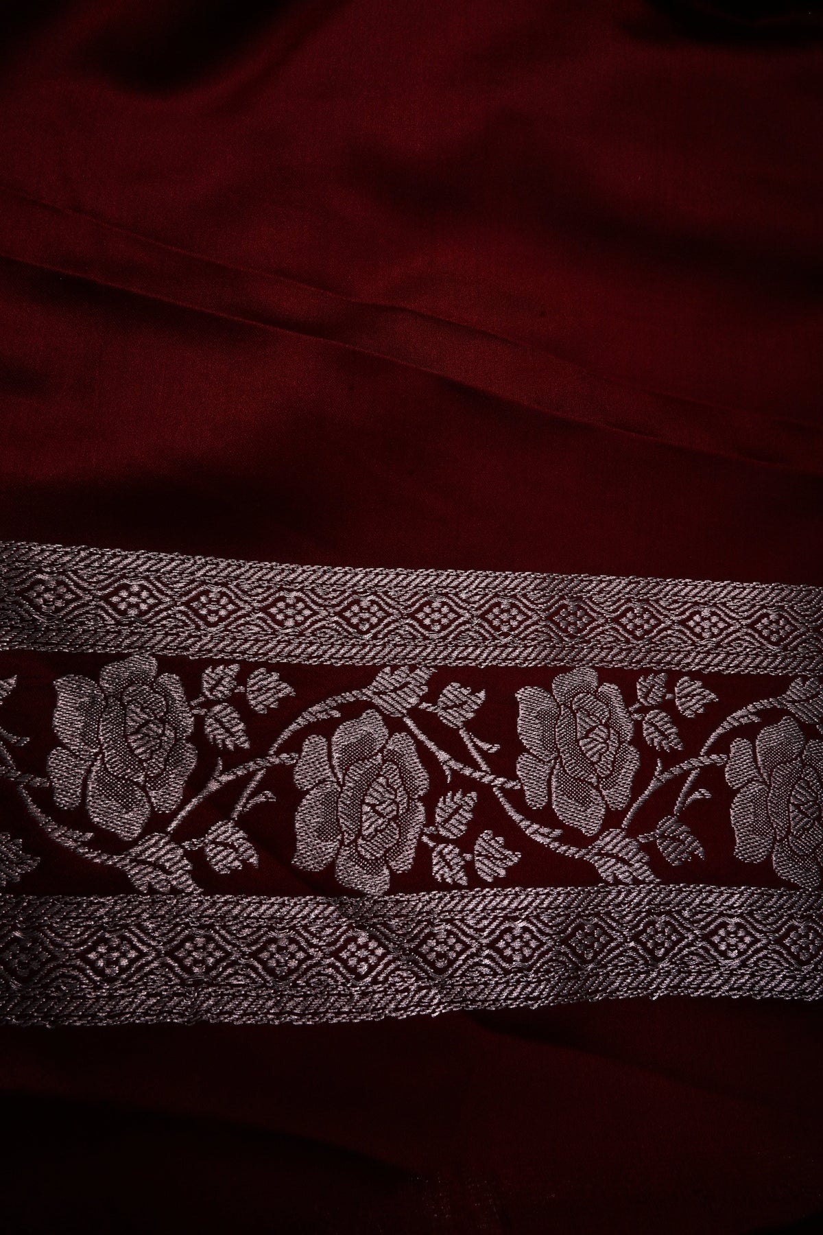 Gray Banarasi Semi Mashru Silk Saree with Floral Zari Buttas and Contrast Zari Border | SHOBITAM