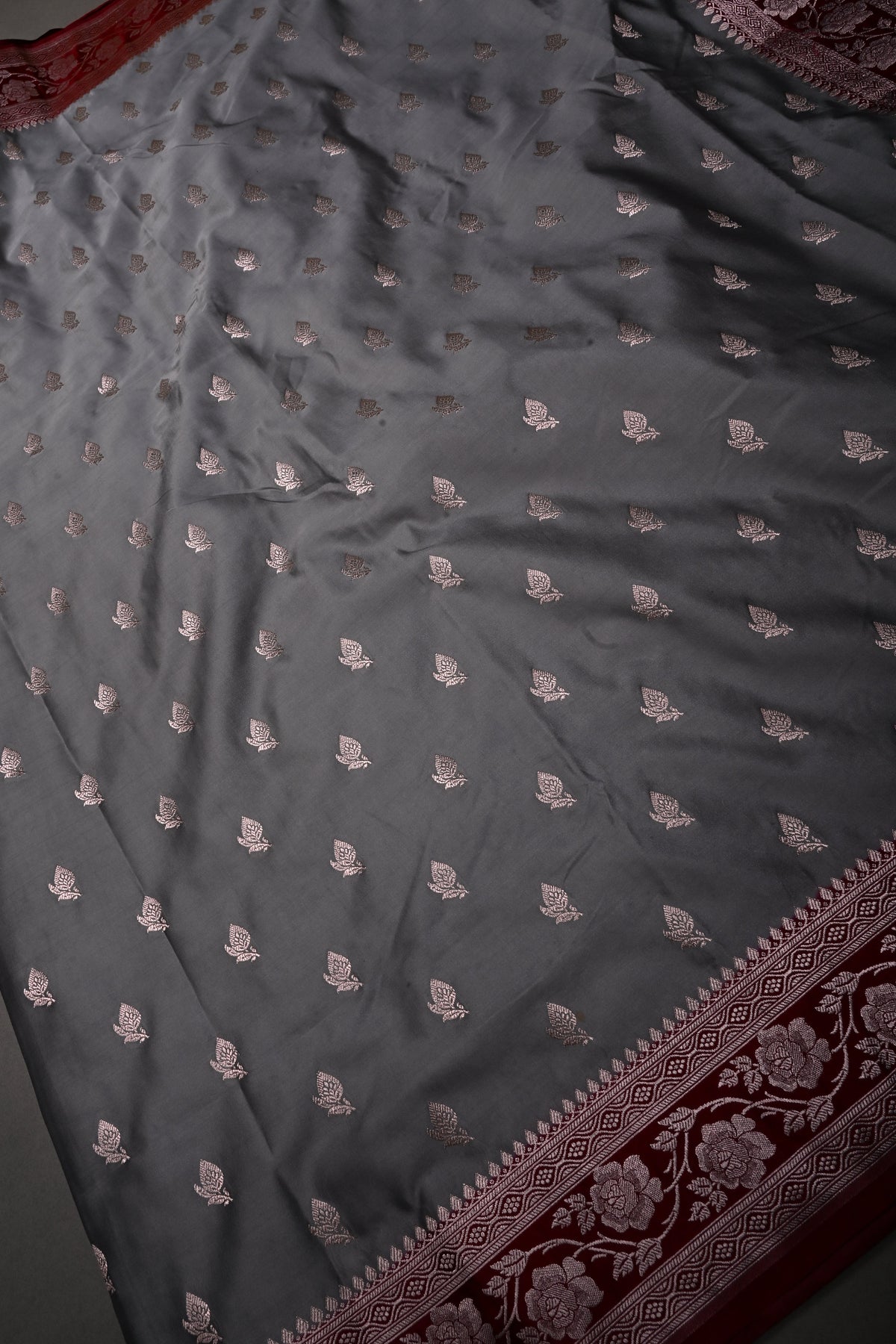 Gray Banarasi Semi Mashru Silk Saree with Floral Zari Buttas and Contrast Zari Border | SHOBITAM