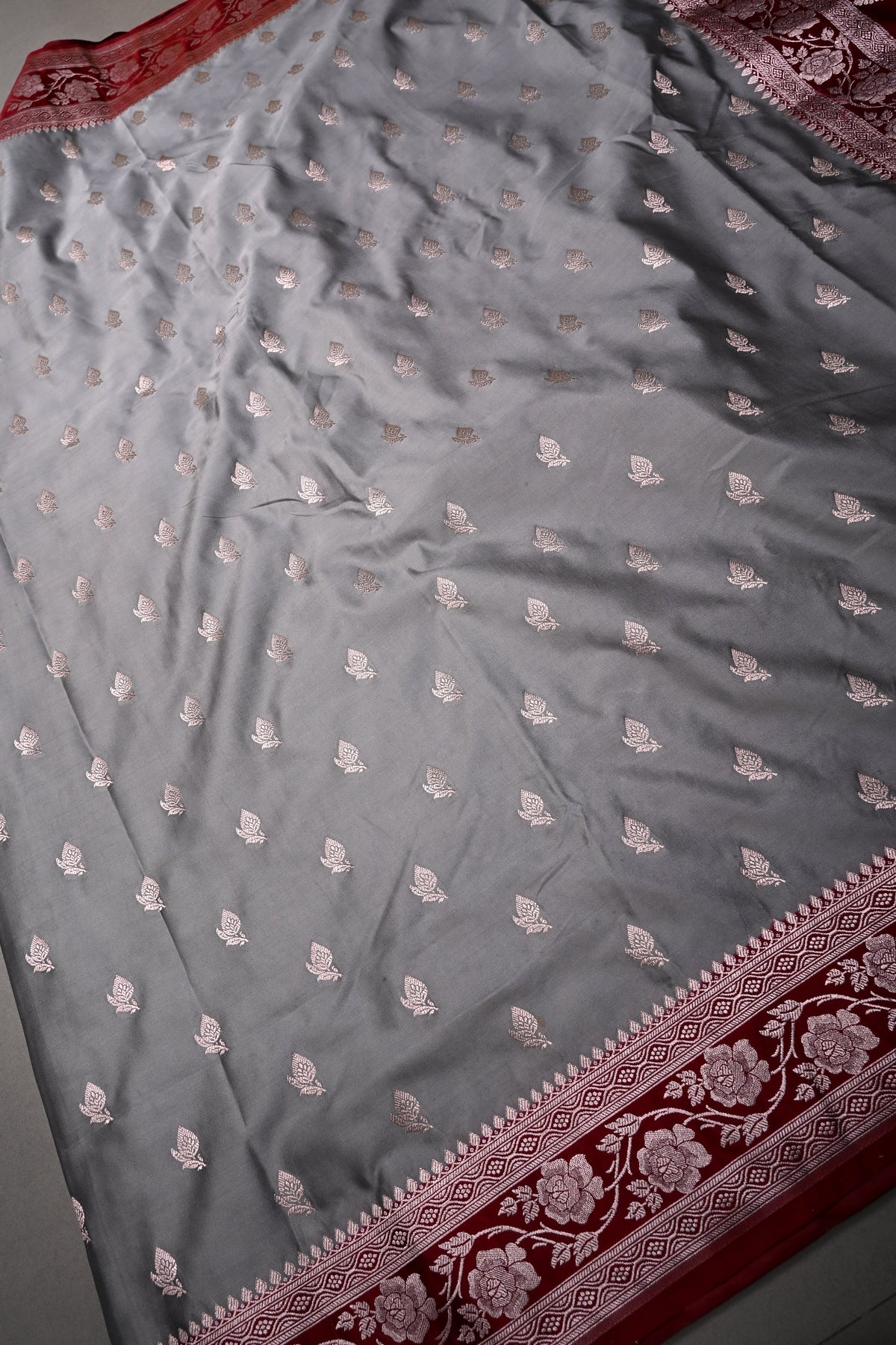 Gray Banarasi Semi Mashru Silk Saree with Floral Zari Buttas and Contrast Zari Border | SHOBITAM