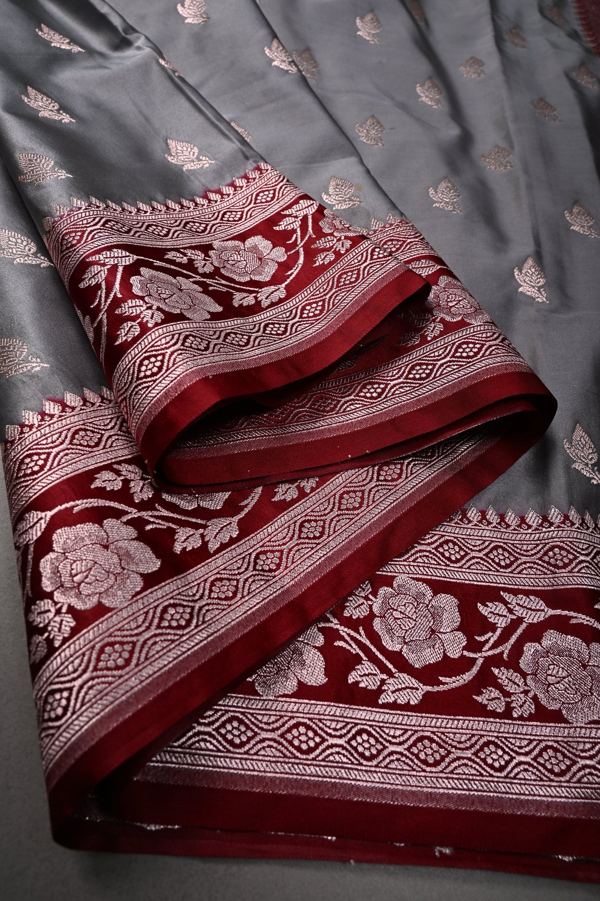 Gray Banarasi Semi Mashru Silk Saree with Floral Zari Buttas and Contrast Zari Border | SHOBITAM