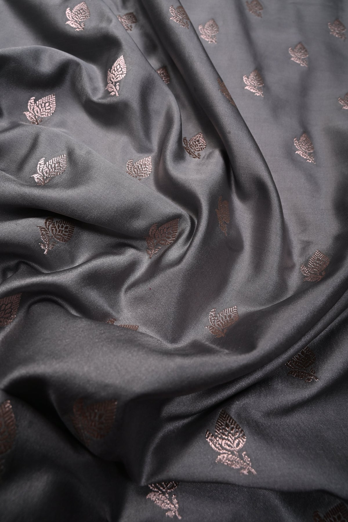 Gray Banarasi Semi Mashru Silk Saree with Floral Zari Buttas and Contrast Zari Border | SHOBITAM