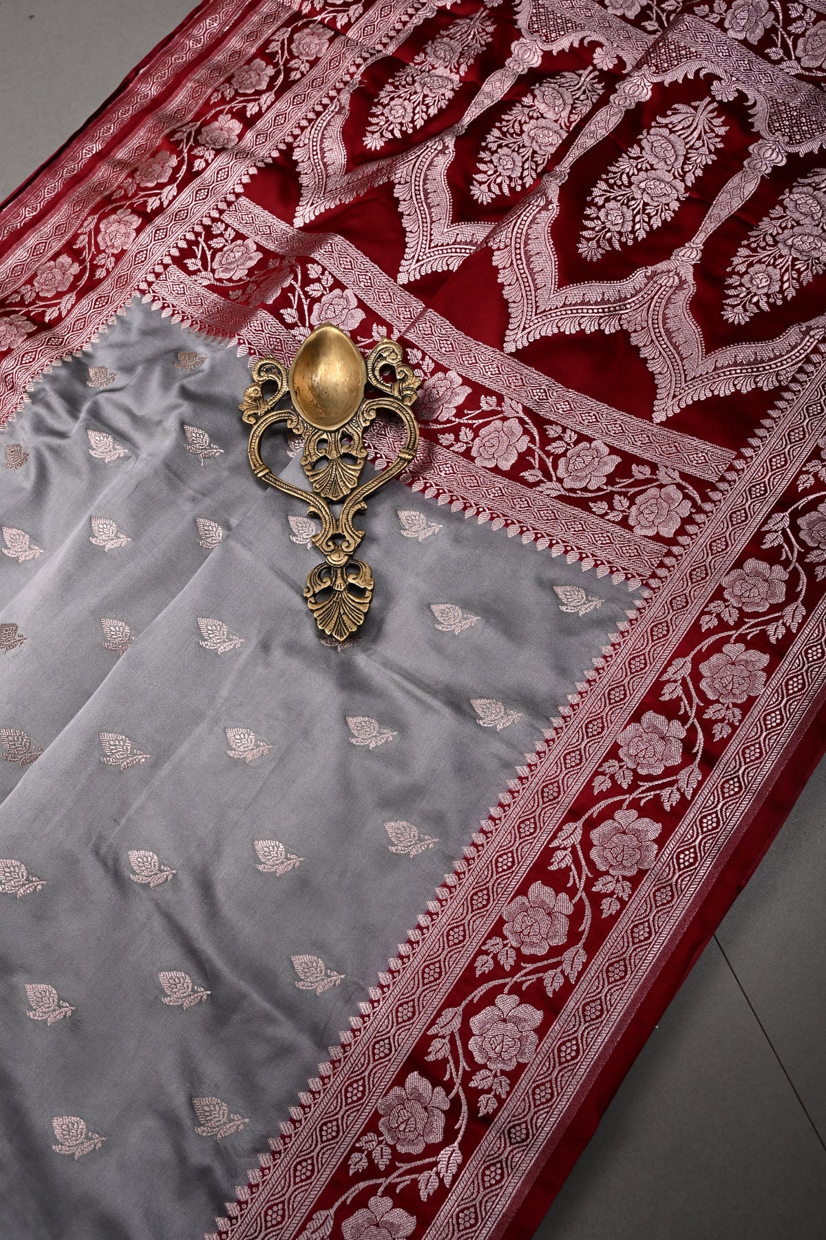 Gray Banarasi Semi Mashru Silk Saree with Floral Zari Buttas and Contrast Zari Border | SHOBITAM