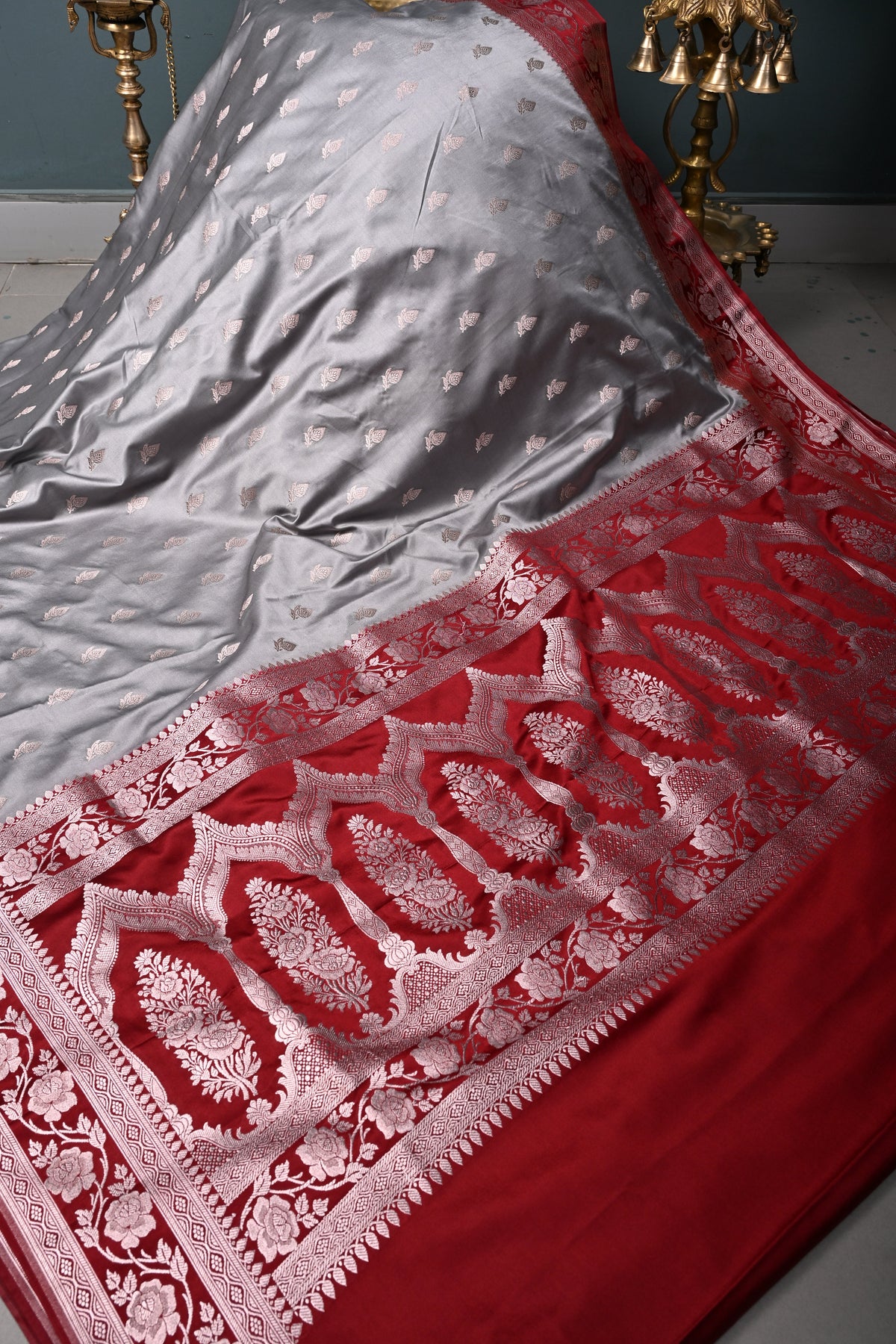 Gray Banarasi Semi Mashru Silk Saree with Floral Zari Buttas and Contrast Zari Border | SHOBITAM