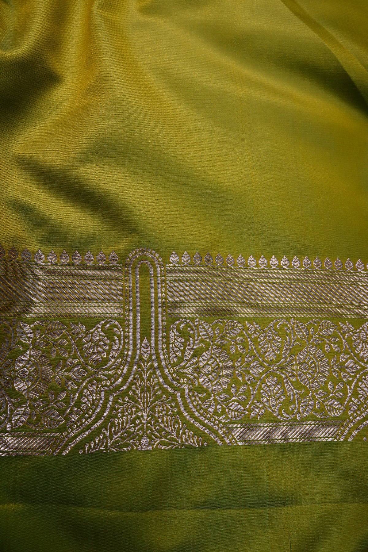 Chartreuse Yellow Banarasi Semi Mashru Silk Saree with Floral  Buttas and Zari Border | SHOBITAM