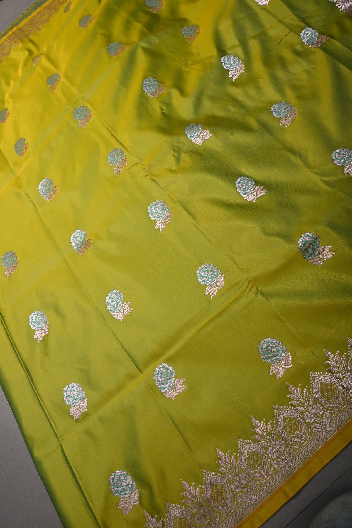 Chartreuse Yellow Banarasi Semi Mashru Silk Saree with Floral  Buttas and Zari Border | SHOBITAM