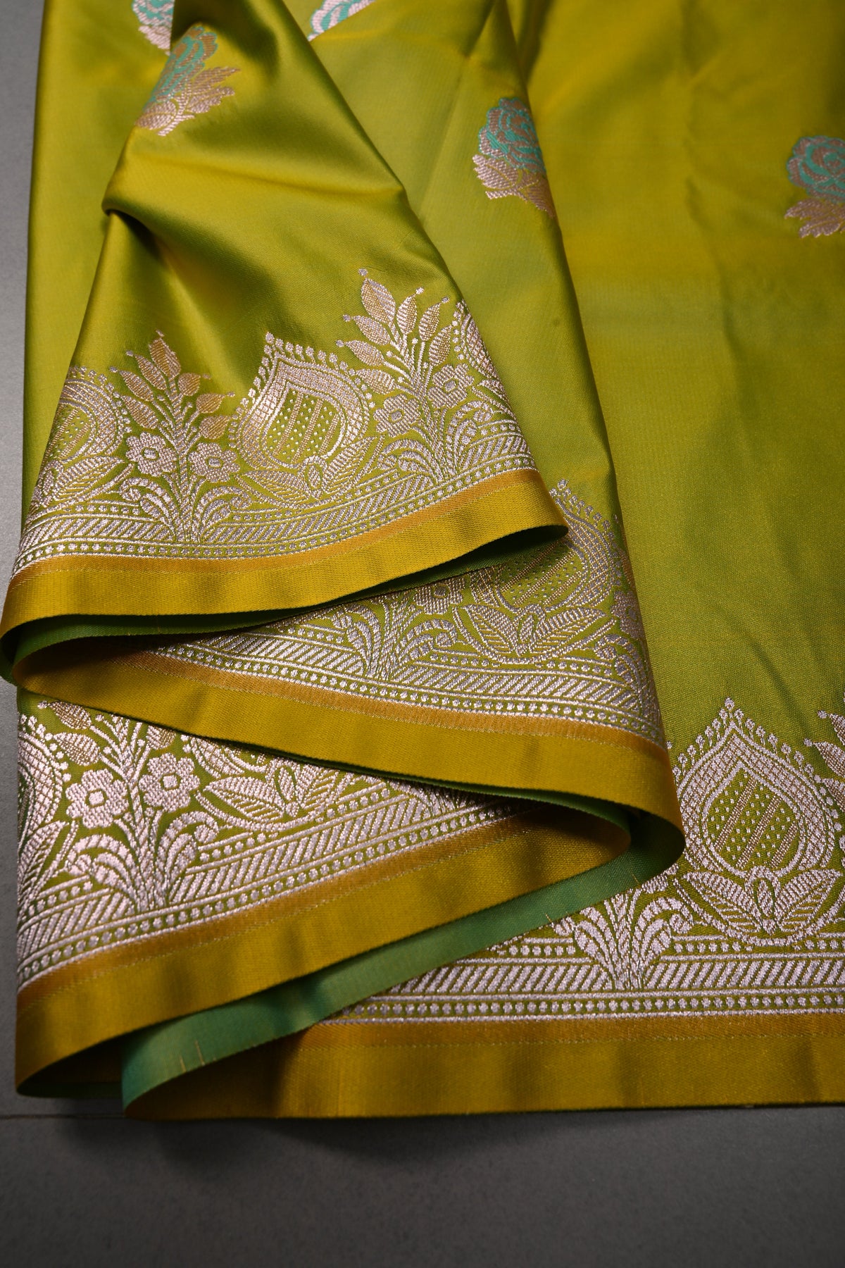 Chartreuse Yellow Banarasi Semi Mashru Silk Saree with Floral  Buttas and Zari Border | SHOBITAM