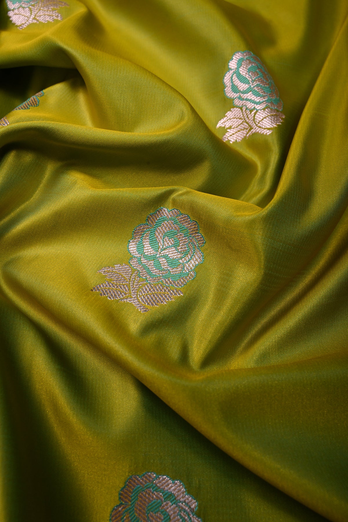 Chartreuse Yellow Banarasi Semi Mashru Silk Saree with Floral  Buttas and Zari Border | SHOBITAM