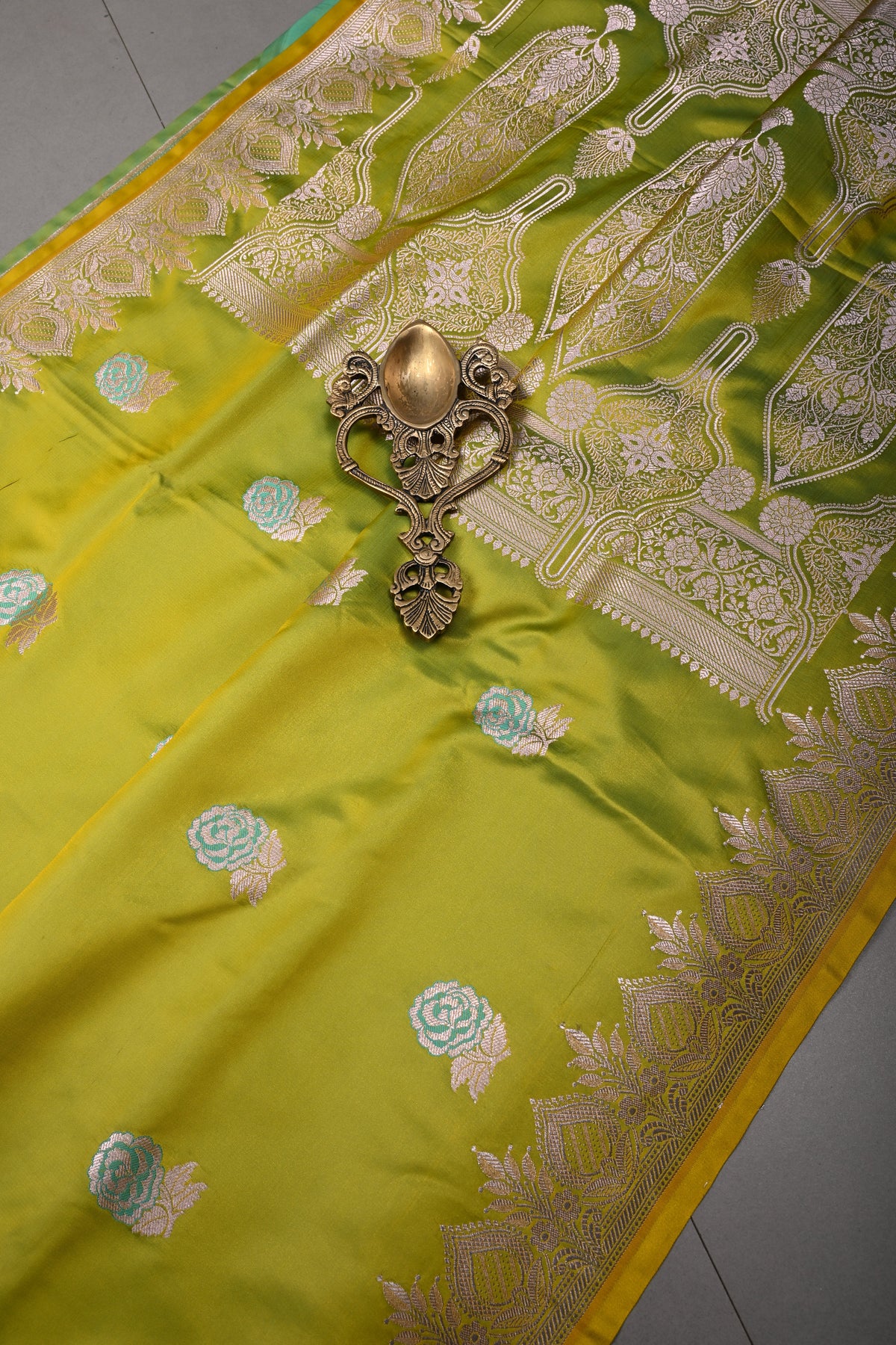 Chartreuse Yellow Banarasi Semi Mashru Silk Saree with Floral  Buttas and Zari Border | SHOBITAM