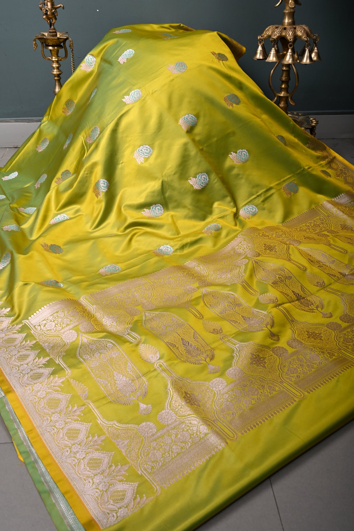 Chartreuse Yellow Banarasi Semi Mashru Silk Saree with Floral  Buttas and Zari Border | SHOBITAM