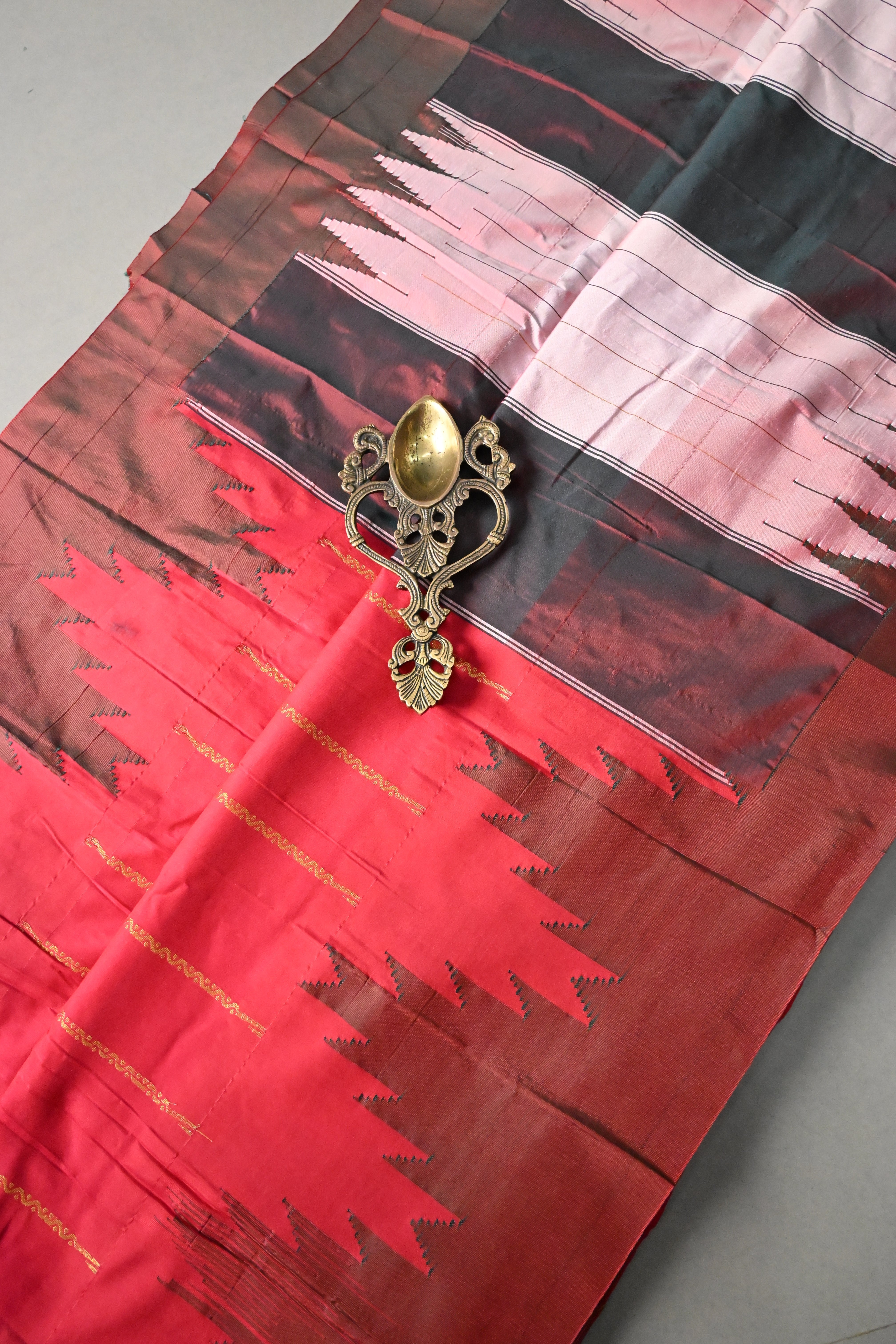 Rani Pink Ilkal Weave Art Silk Bagalkote Saree with Zari Veldhari Horizontal Stripes and Contrast Temple Border | SHOBITAM