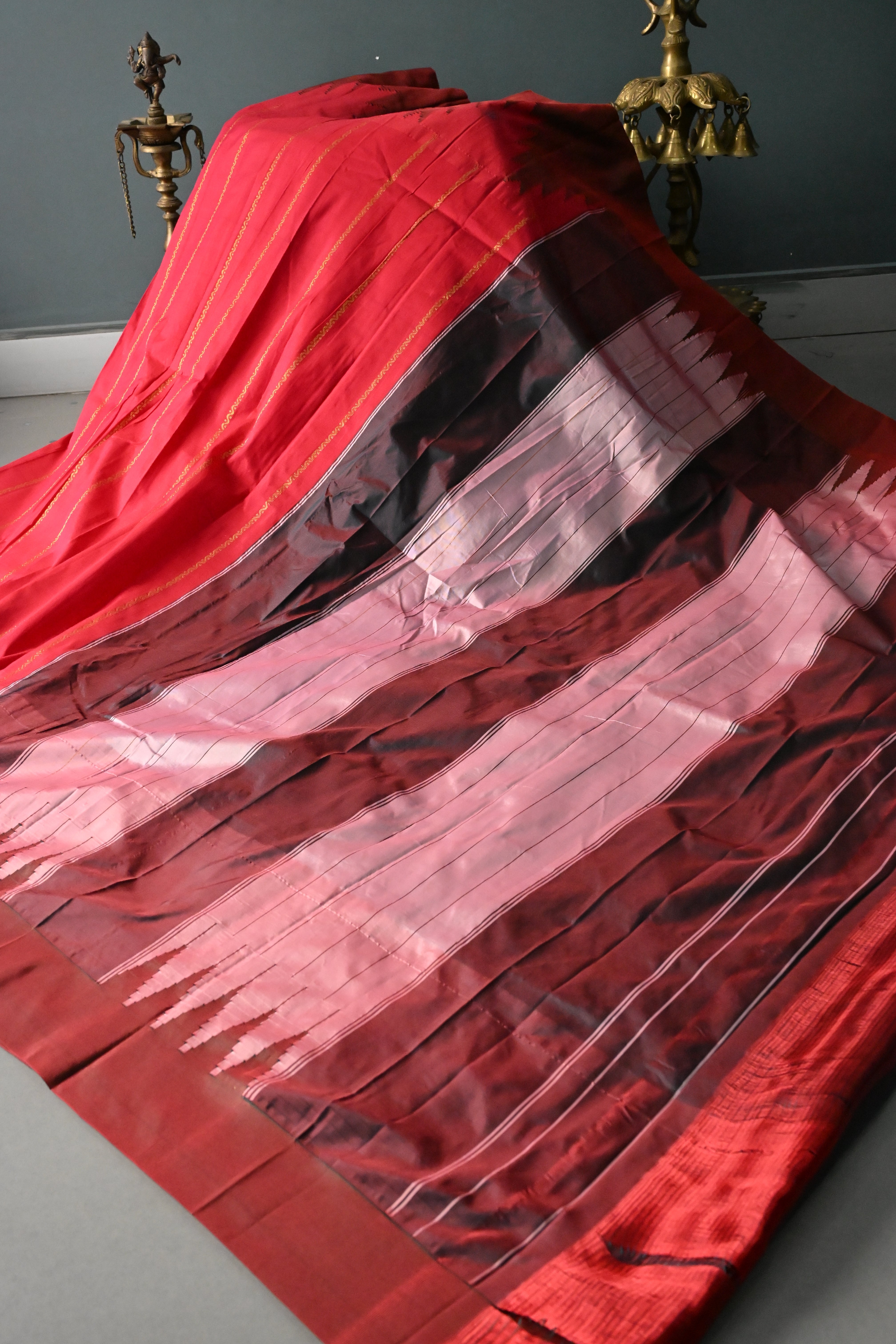 Rani Pink Ilkal Weave Art Silk Bagalkote Saree with Zari Veldhari Horizontal Stripes and Contrast Temple Border | SHOBITAM