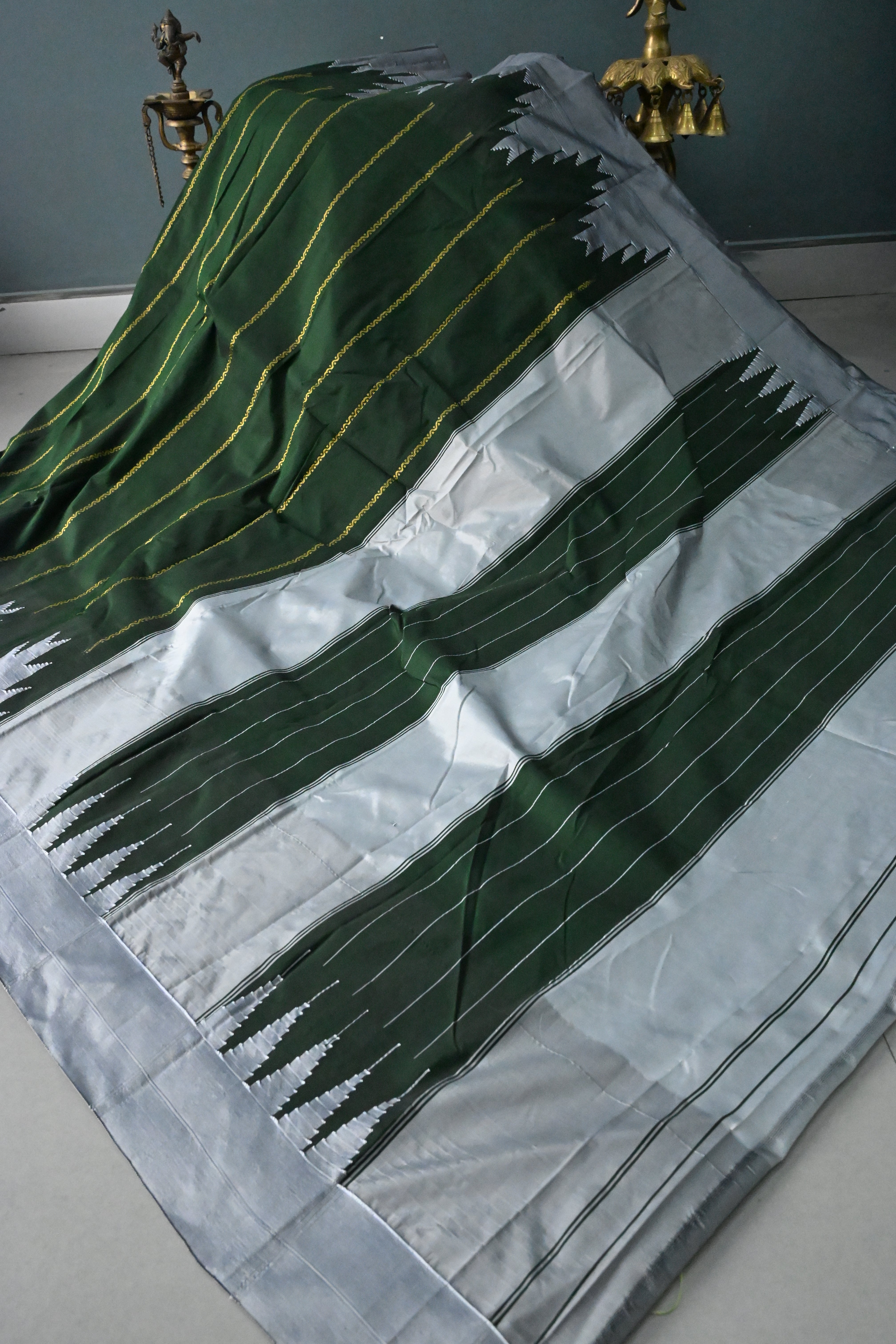 Dark Green Ilkal Weave Art Silk Bagalkote Saree with Zari Veldhari Horizontal Stripes and Contrast Temple Border | SHOBITAM