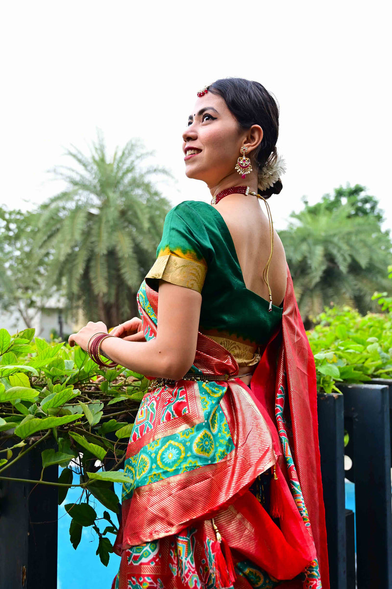 SAREE CUM LEHENGA TWIST - Gorgeous Gujarati Style  Ikkat Patola Printed   Dupatta and Half Saree with stitched blouse - Isadora Life