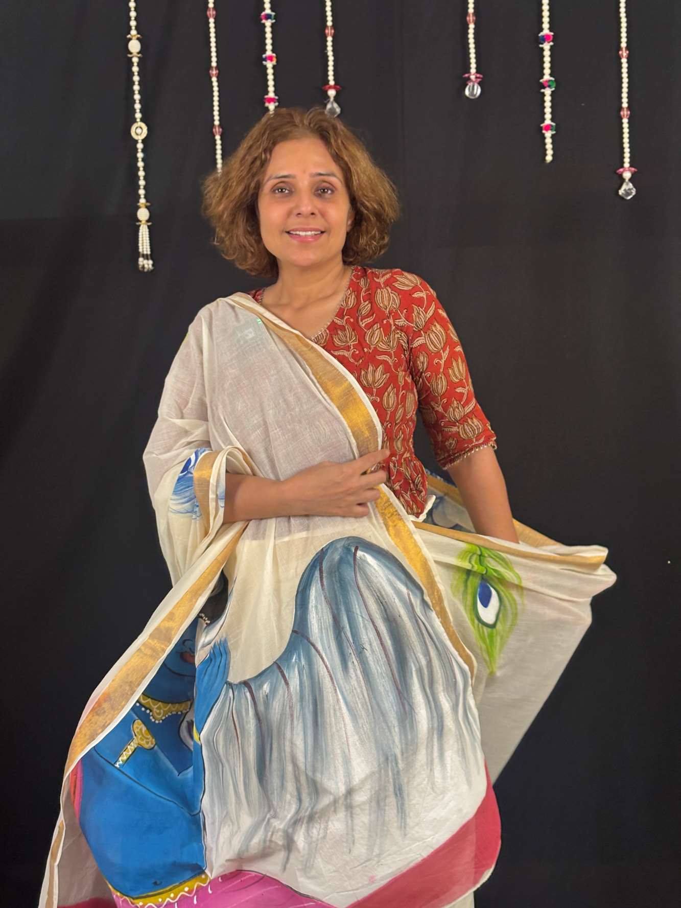 White Cotton Featuring Hand-Painted Krishna with Cow Ready To Wear Saree