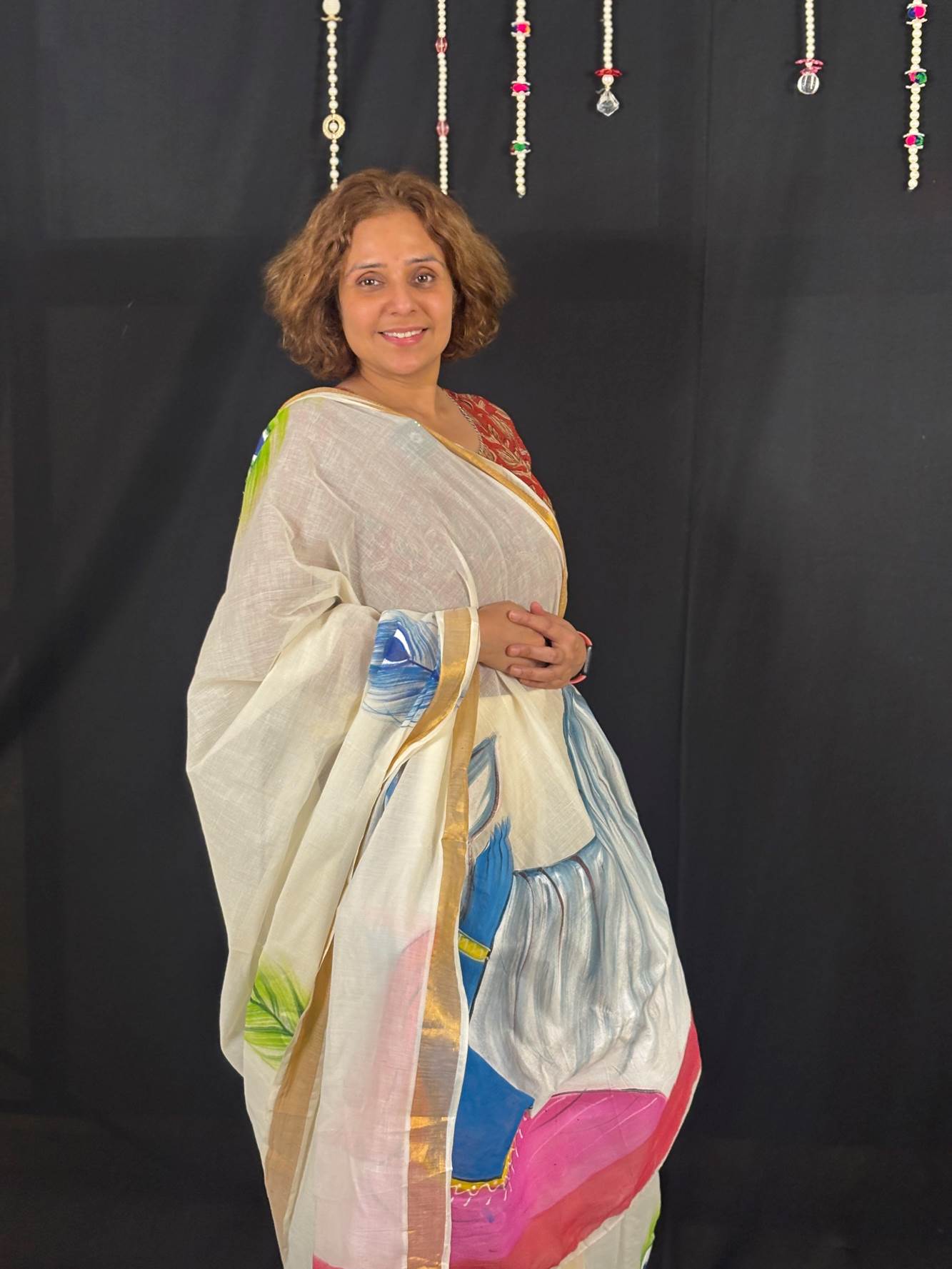 White Cotton Featuring Hand-Painted Krishna with Cow Ready To Wear Saree