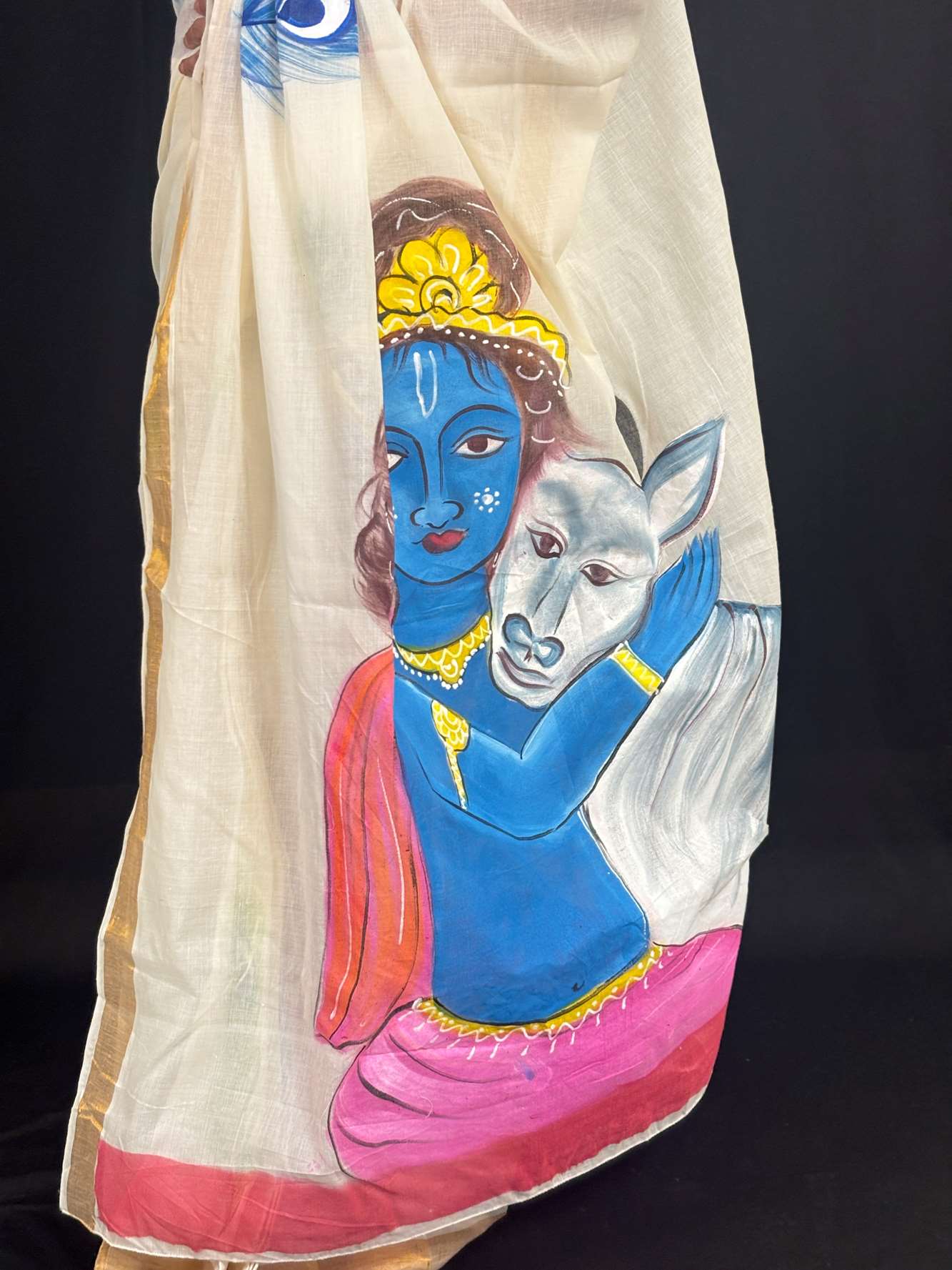 White Cotton Featuring Hand-Painted Krishna with Cow Ready To Wear Saree
