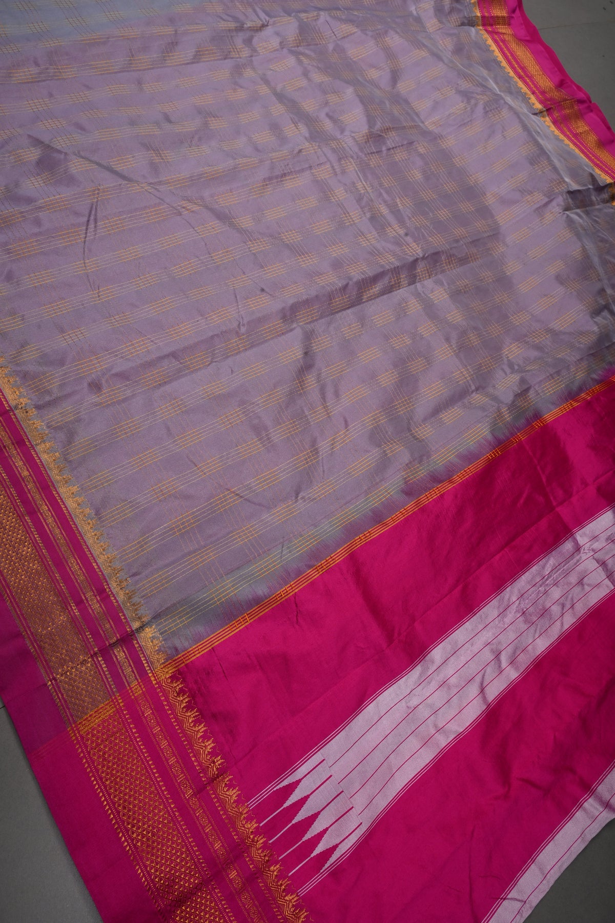 Gray Ilkal Weave Silk Cotton Bagalkote Saree with Zari Checks and Contrast Zari Border | SHOBITAM