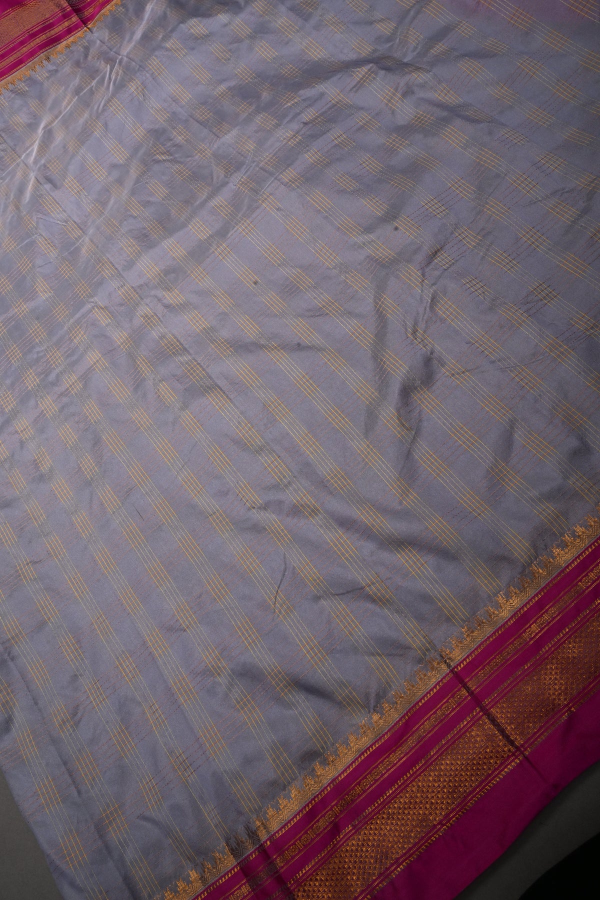 Gray Ilkal Weave Silk Cotton Bagalkote Saree with Zari Checks and Contrast Zari Border | SHOBITAM