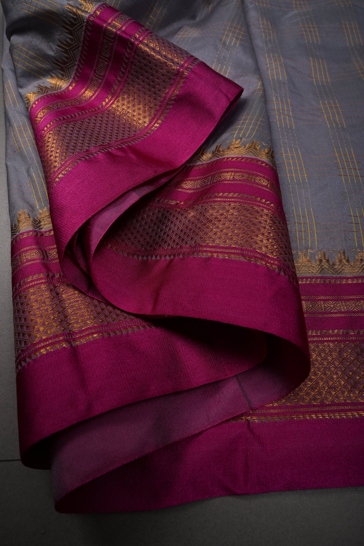 Gray Ilkal Weave Silk Cotton Bagalkote Saree with Zari Checks and Contrast Zari Border | SHOBITAM