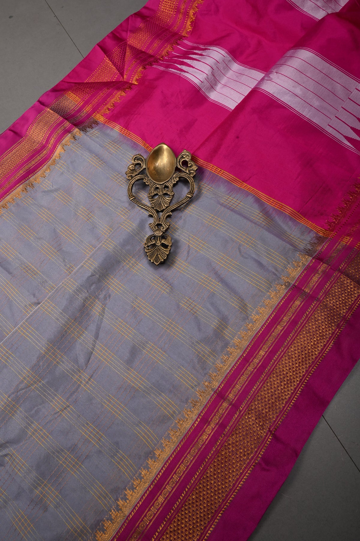 Gray Ilkal Weave Silk Cotton Bagalkote Saree with Zari Checks and Contrast Zari Border | SHOBITAM