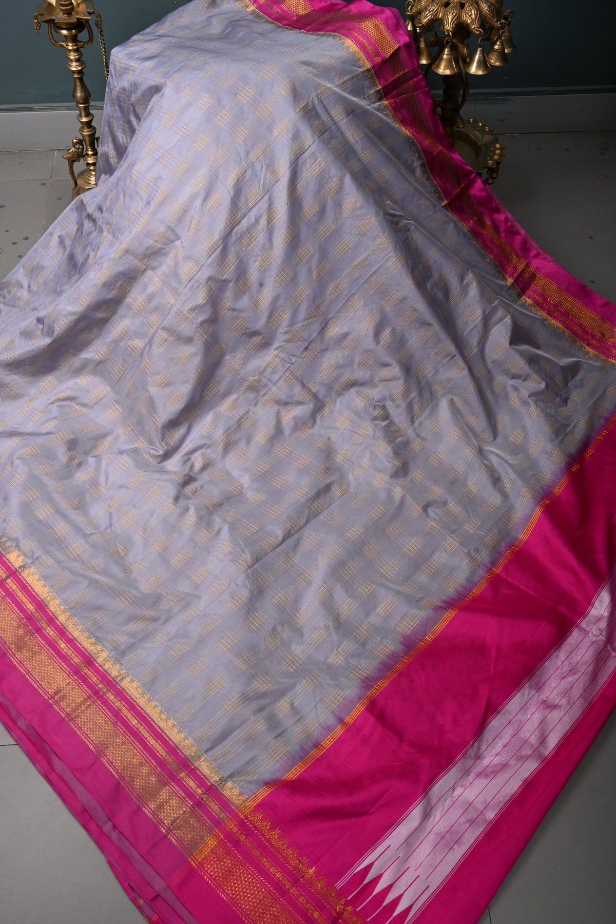 Gray Ilkal Weave Silk Cotton Bagalkote Saree with Zari Checks and Contrast Zari Border | SHOBITAM
