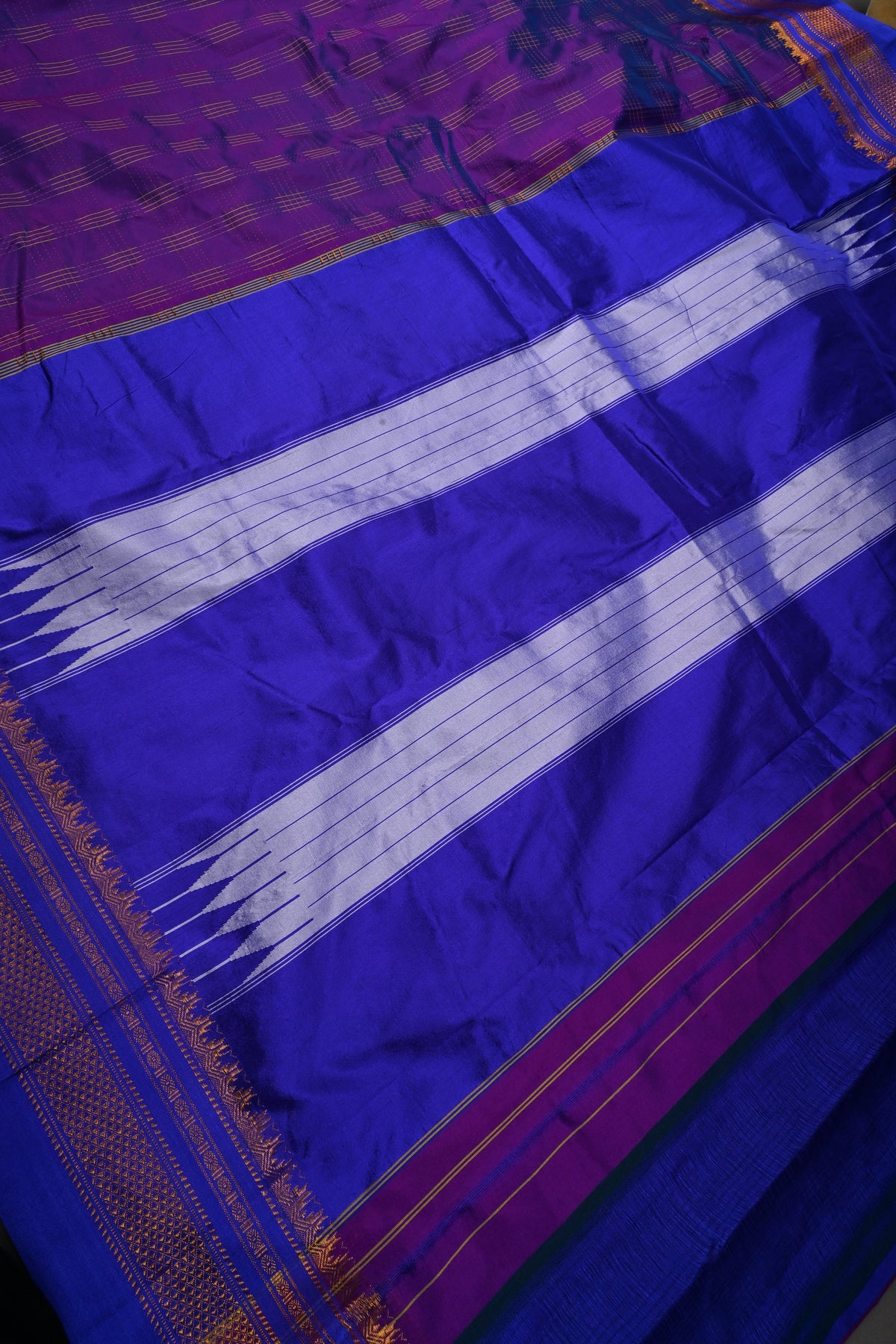 Purple Dual Tone Ilkal Weave Silk Cotton Bagalkote Saree with Zari Checks and Contrast Zari Border | SHOBITAM