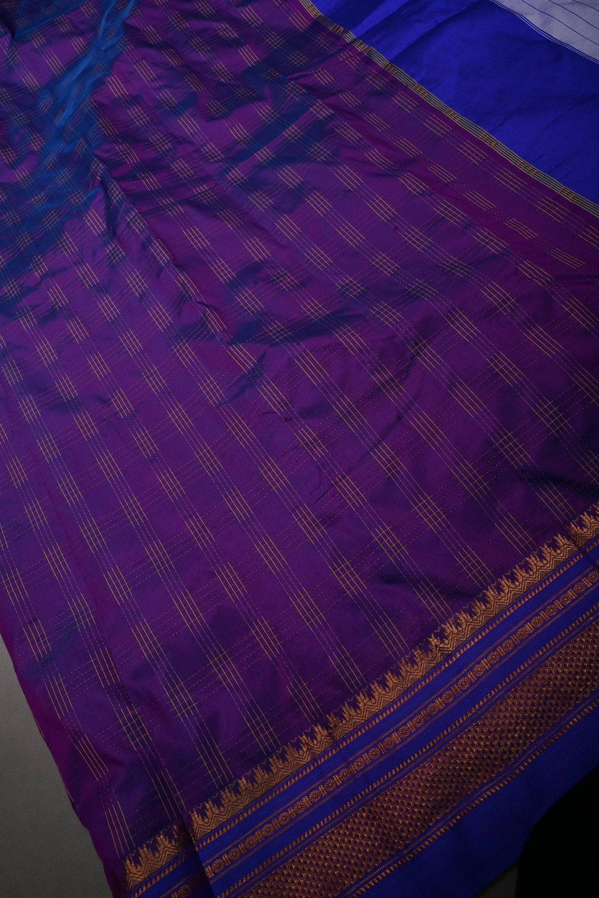 Purple Dual Tone Ilkal Weave Silk Cotton Bagalkote Saree with Zari Checks and Contrast Zari Border | SHOBITAM