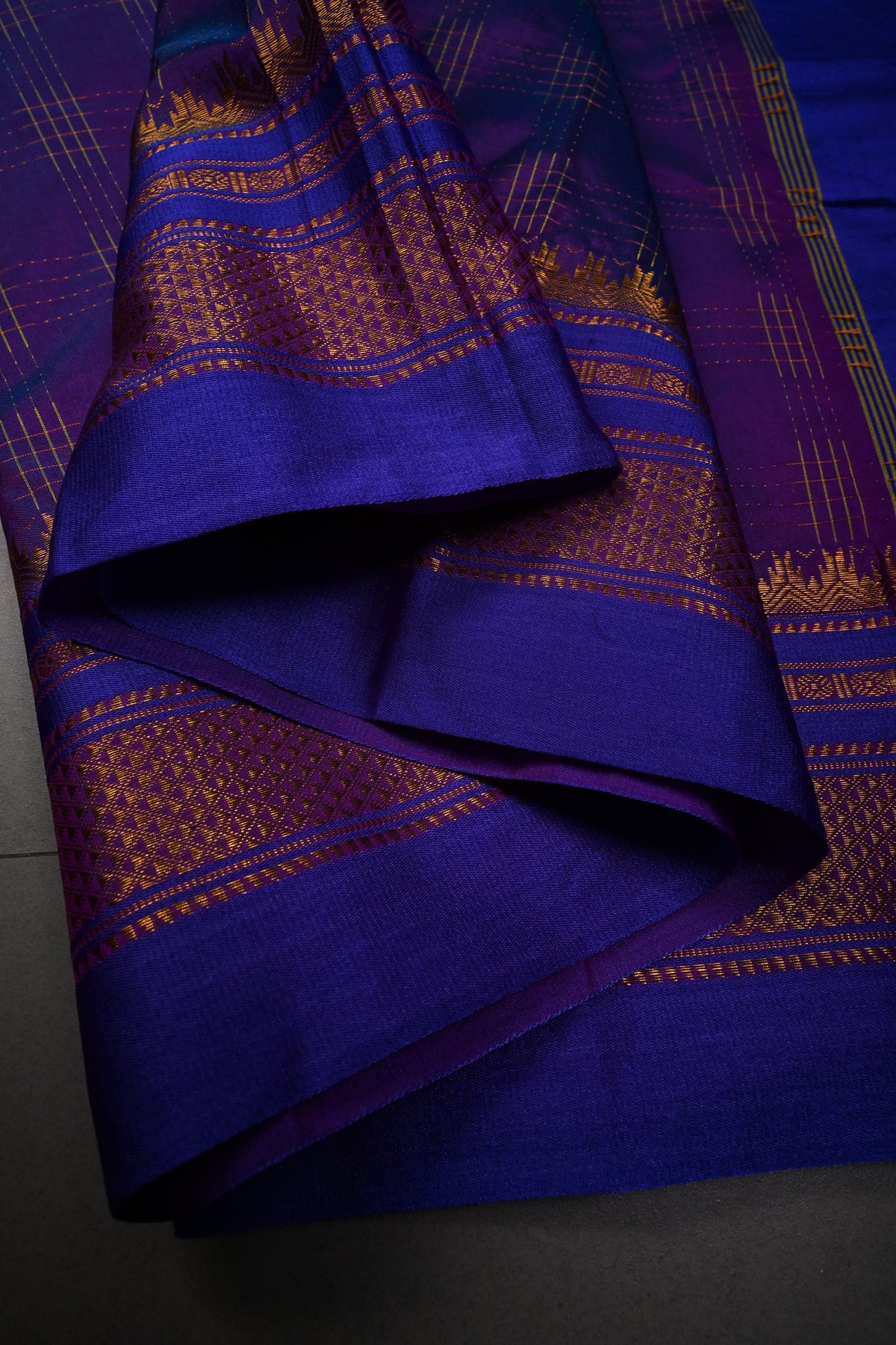 Purple Dual Tone Ilkal Weave Silk Cotton Bagalkote Saree with Zari Checks and Contrast Zari Border | SHOBITAM