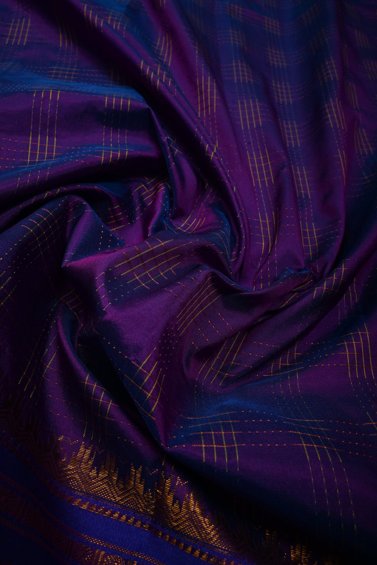 Purple Dual Tone Ilkal Weave Silk Cotton Bagalkote Saree with Zari Checks and Contrast Zari Border | SHOBITAM