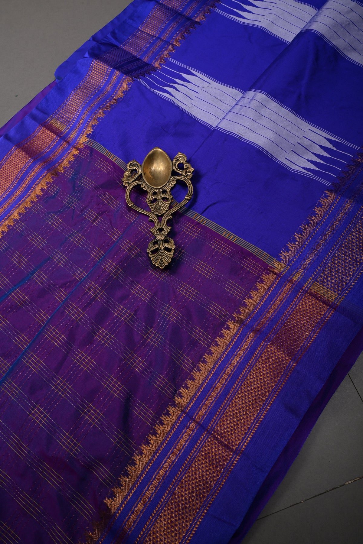 Purple Dual Tone Ilkal Weave Silk Cotton Bagalkote Saree with Zari Checks and Contrast Zari Border | SHOBITAM