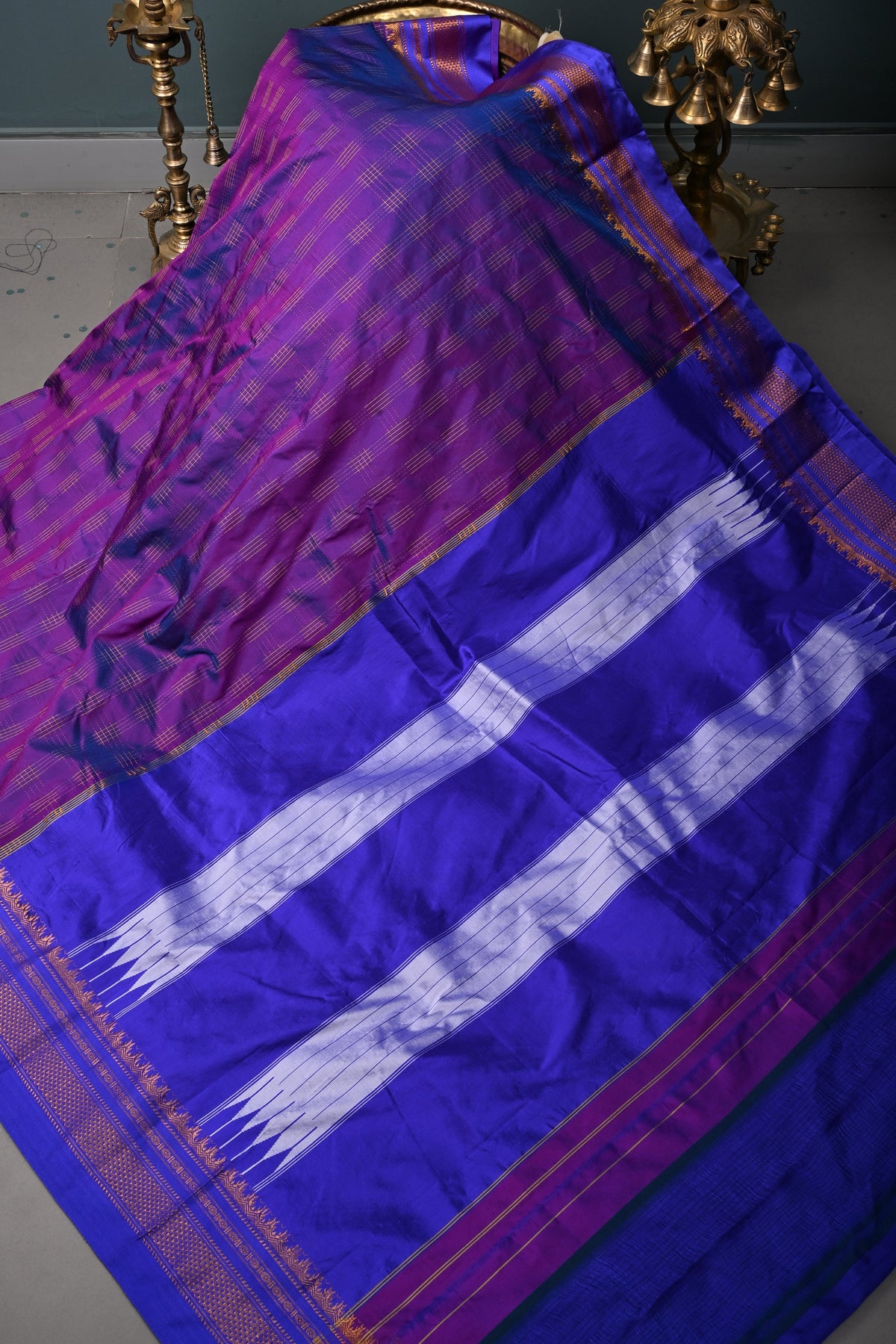 Purple Dual Tone Ilkal Weave Silk Cotton Bagalkote Saree with Zari Checks and Contrast Zari Border | SHOBITAM