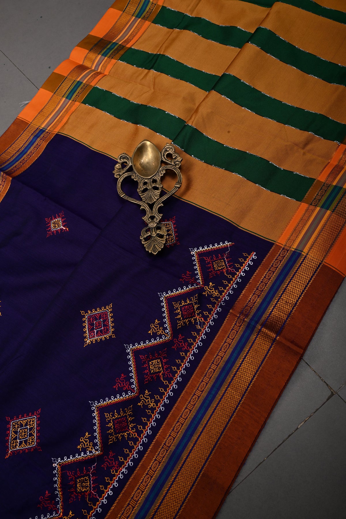 Ink Purple Ilkal Art Silk Saree with Kasuti Style Machine Embroidery and Contrast Zari Border | SHOBITAM