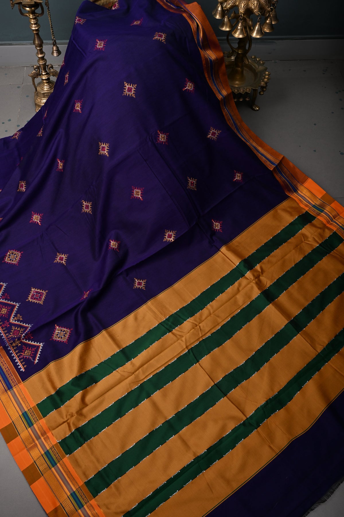 Ink Purple Ilkal Art Silk Saree with Kasuti Style Machine Embroidery and Contrast Zari Border | SHOBITAM