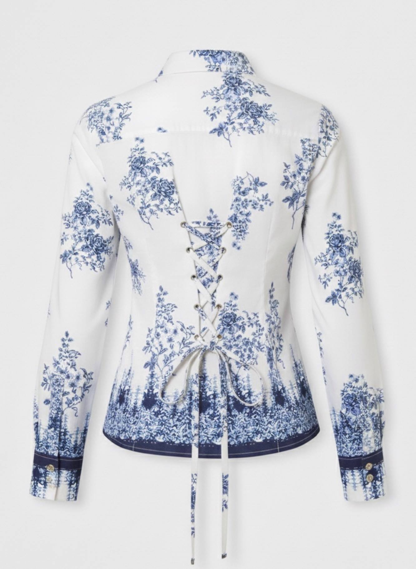 Blue Floral Cotton Shirt with Corset Lace-Up Back
