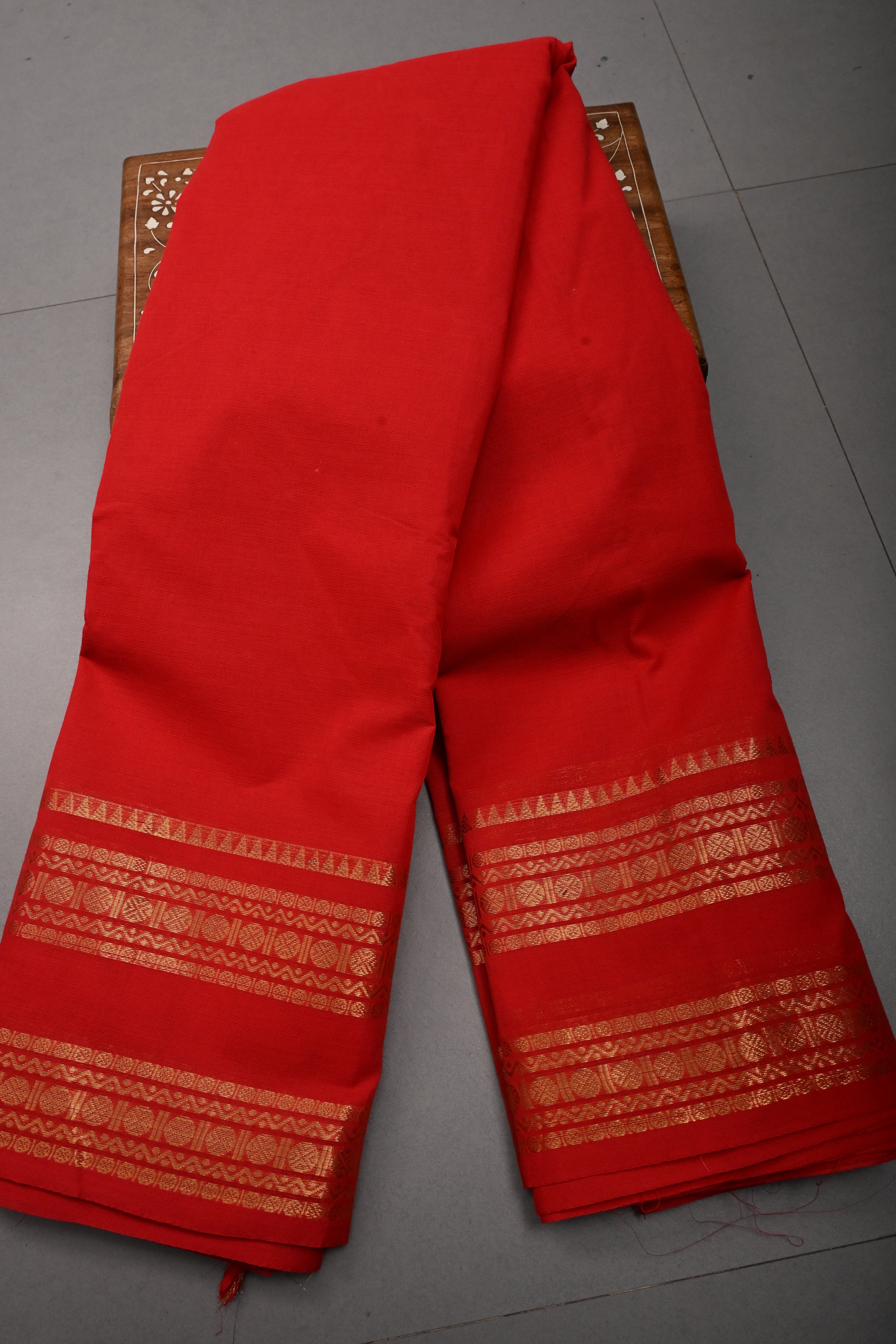 Dark Red Kanchi Cotton Saree with Thread Buttas and Zari Borders | SHOBITAM