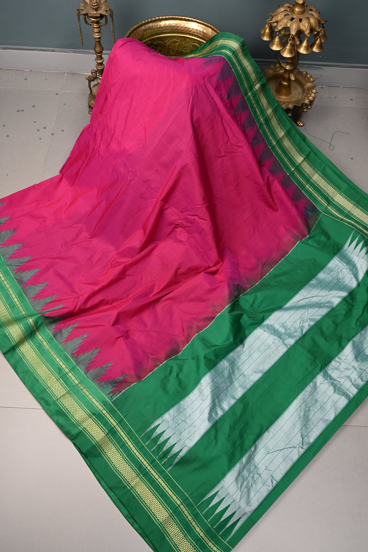 Vadamalli  Ilkal Weave Mercerized Bagalkote Cotton Saree with Temple Panel on Contrast Zari Border | SHOBITAM