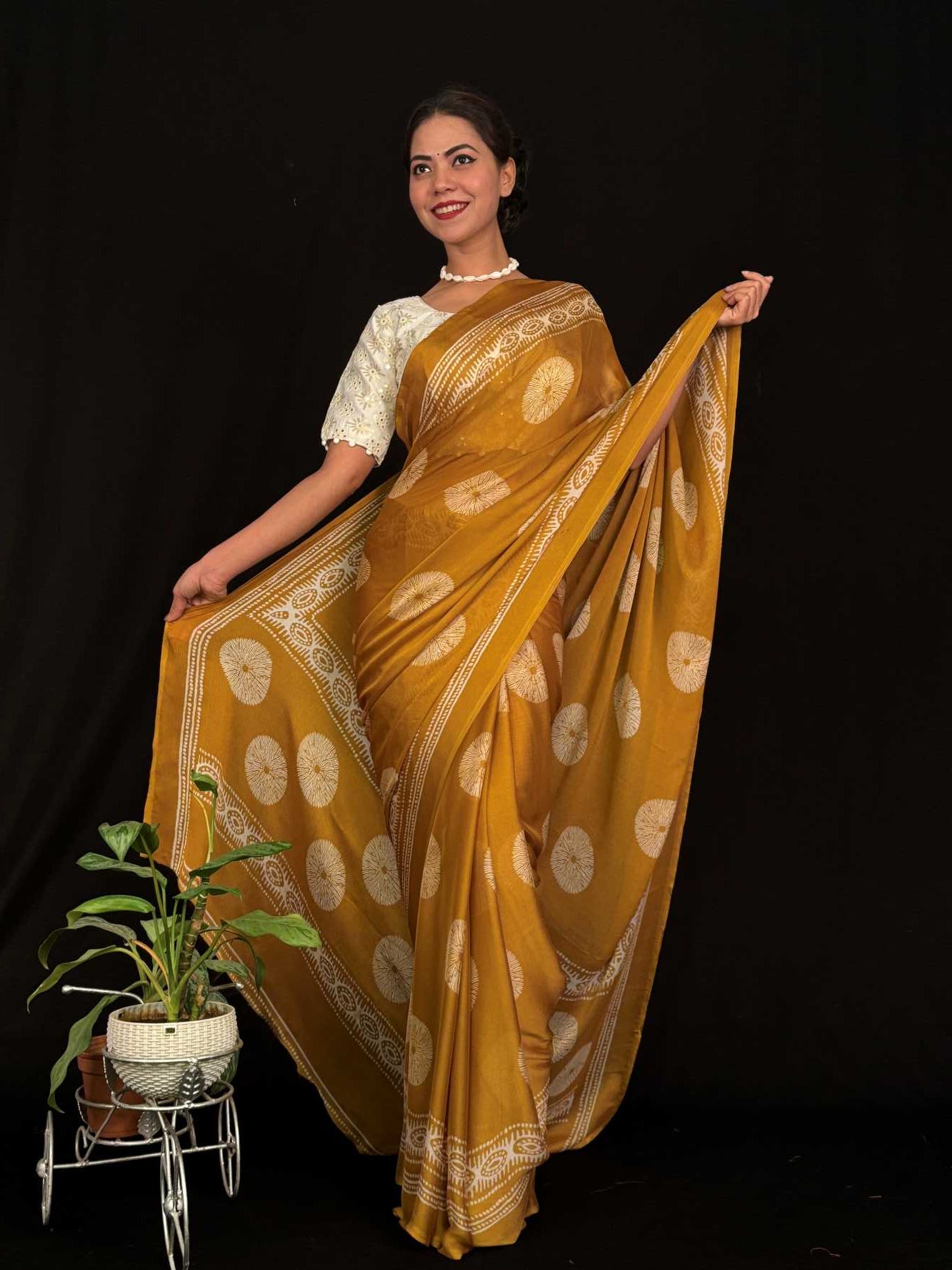 Beautiful Soft Moss Chiffon WIth Block Print overall Ready To Wear Saree