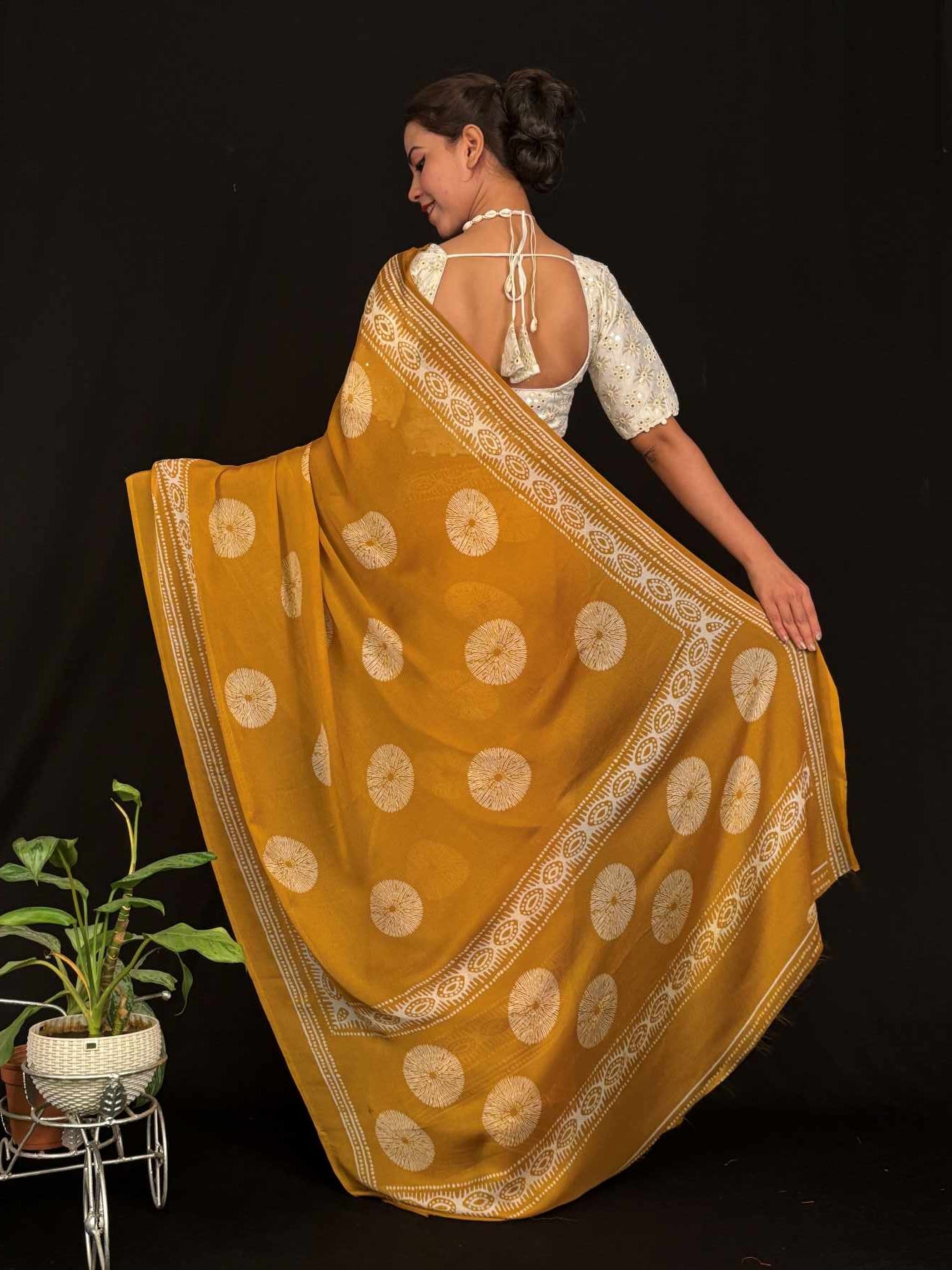 Beautiful Soft Moss Chiffon WIth Block Print overall Ready To Wear Saree