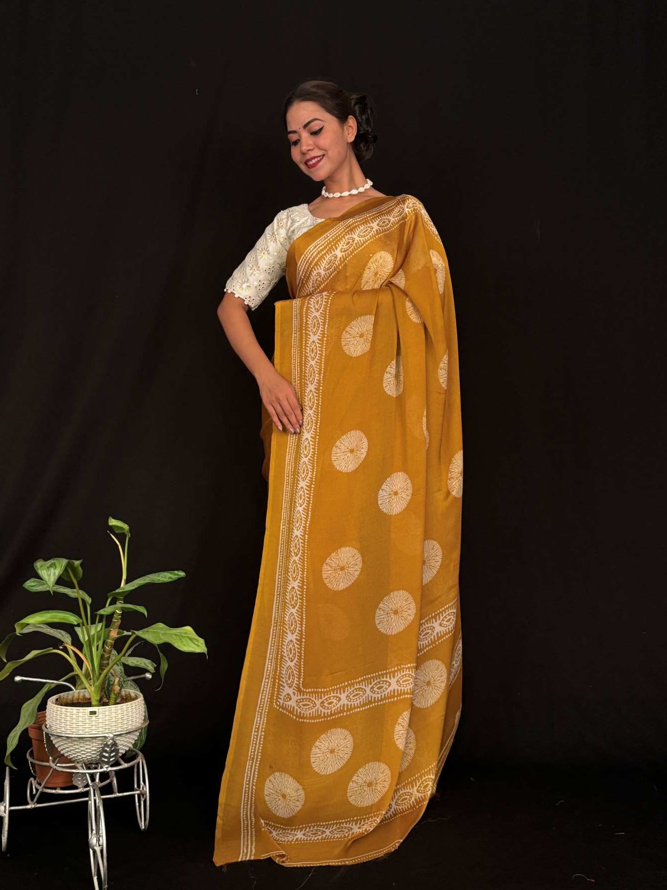 Beautiful Soft Moss Chiffon WIth Block Print overall Ready To Wear Saree