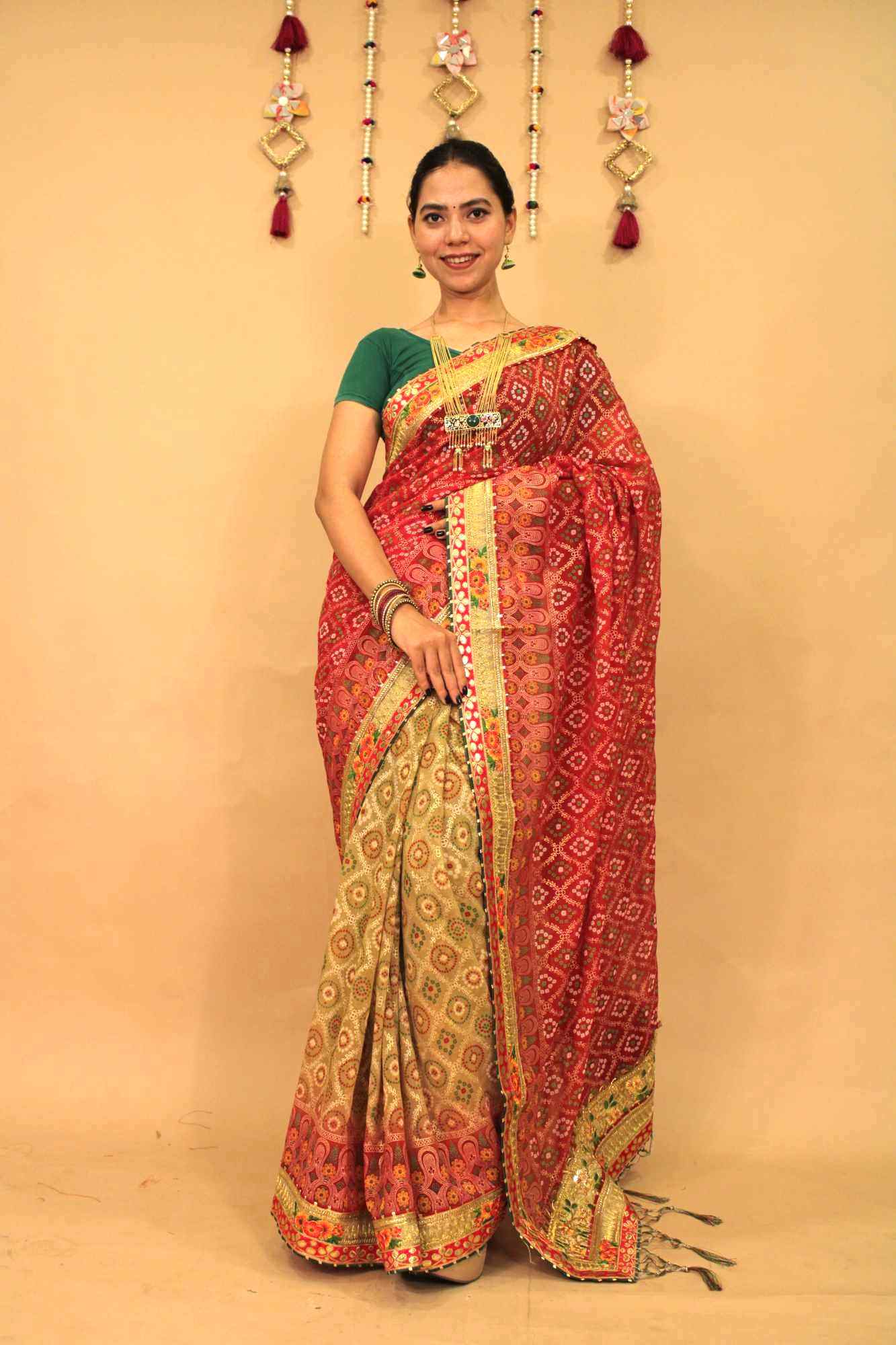 Beautiful Gota Patti Border With Dual Color Bandhani Foil Printed & Tassels In Pallu Wrap In 1 Minute Saree