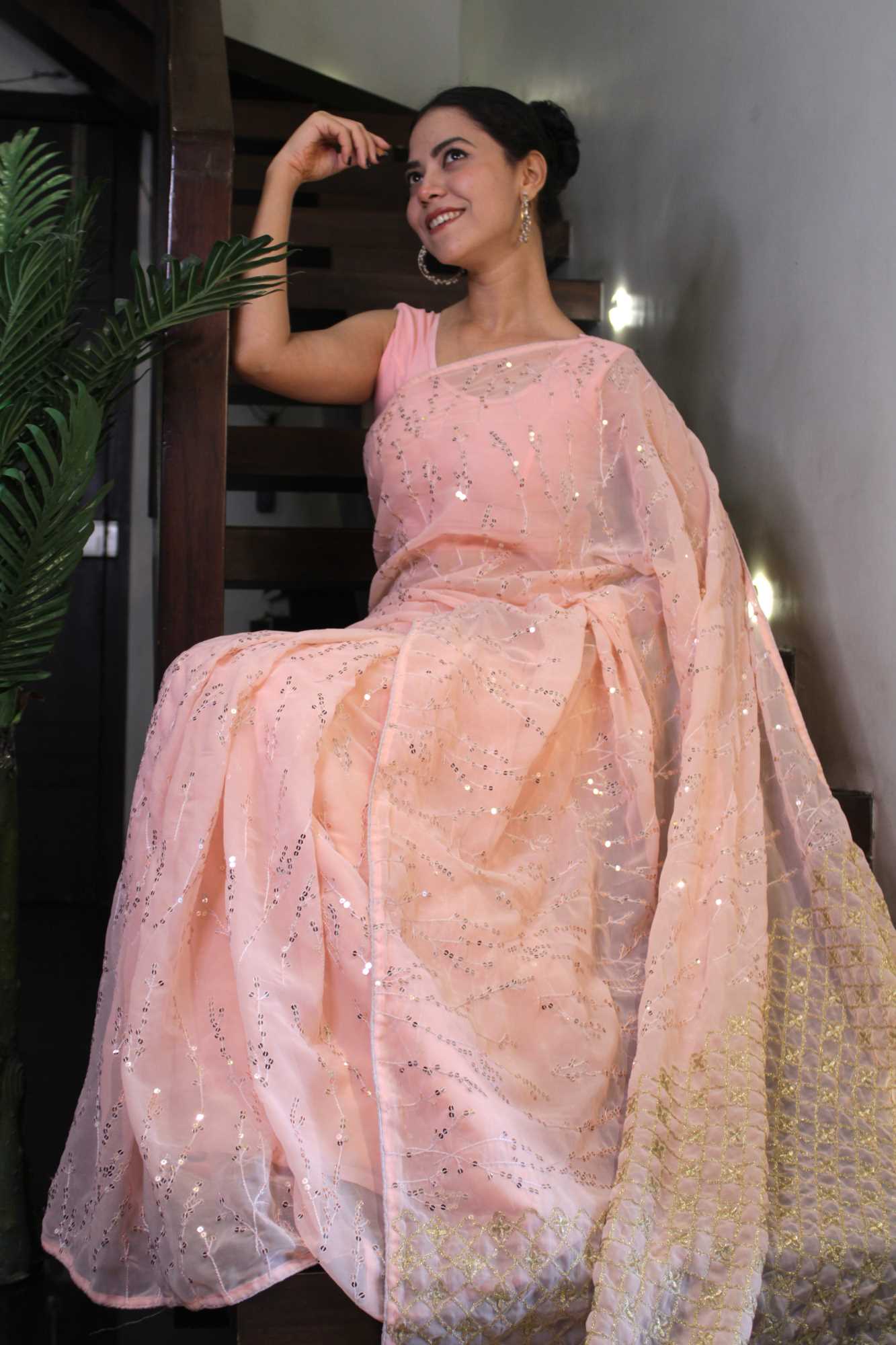 Soft Georgette Overall Sequin Embellished  Peach Pink With Ornate Palla Ready To Wear Saree